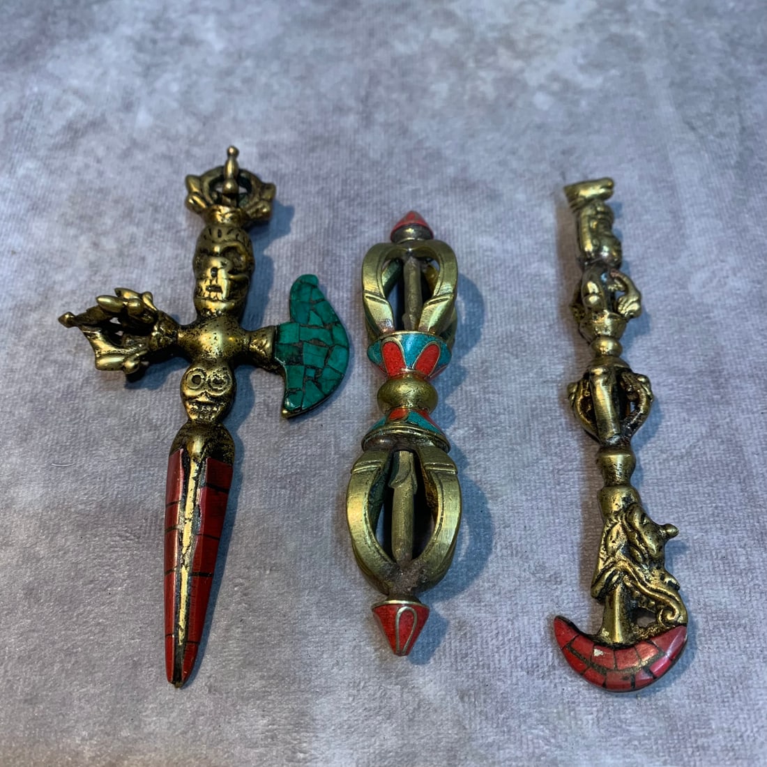 SET OF TIBETAN BUDDHISM RITUAL INSTRUMENTS: Modern; High: 5.3 inch; High: 4.9 inch; High: 4.3 inch; Woodbase for picture and display only