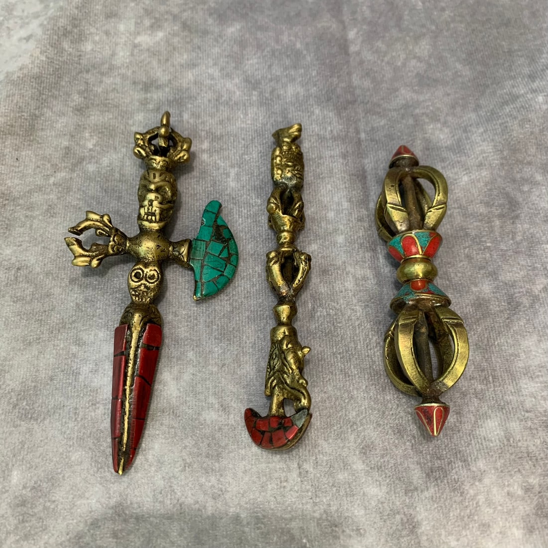 GROUP OF THREE CLOISONNE ENAMEL BRONZE TIBETAN OBJECT: 20th Century; High: 5.5 inch; High: 4.9 inch; High: 4.3 inch; Woodbase for picture and display only