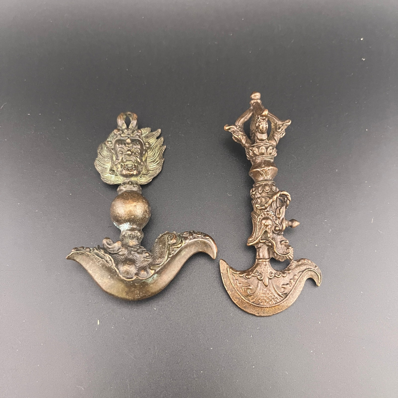 A SET OF TIBETAN BUDDHISM VAJRA: Modern; Long: 3.2 inch; Width:2.2 inch; Heigh: 0.67 inch; Long: 3.7 inch; Width:1.6 inch; Heigh: 1 inch; Woodbase for picture and display only