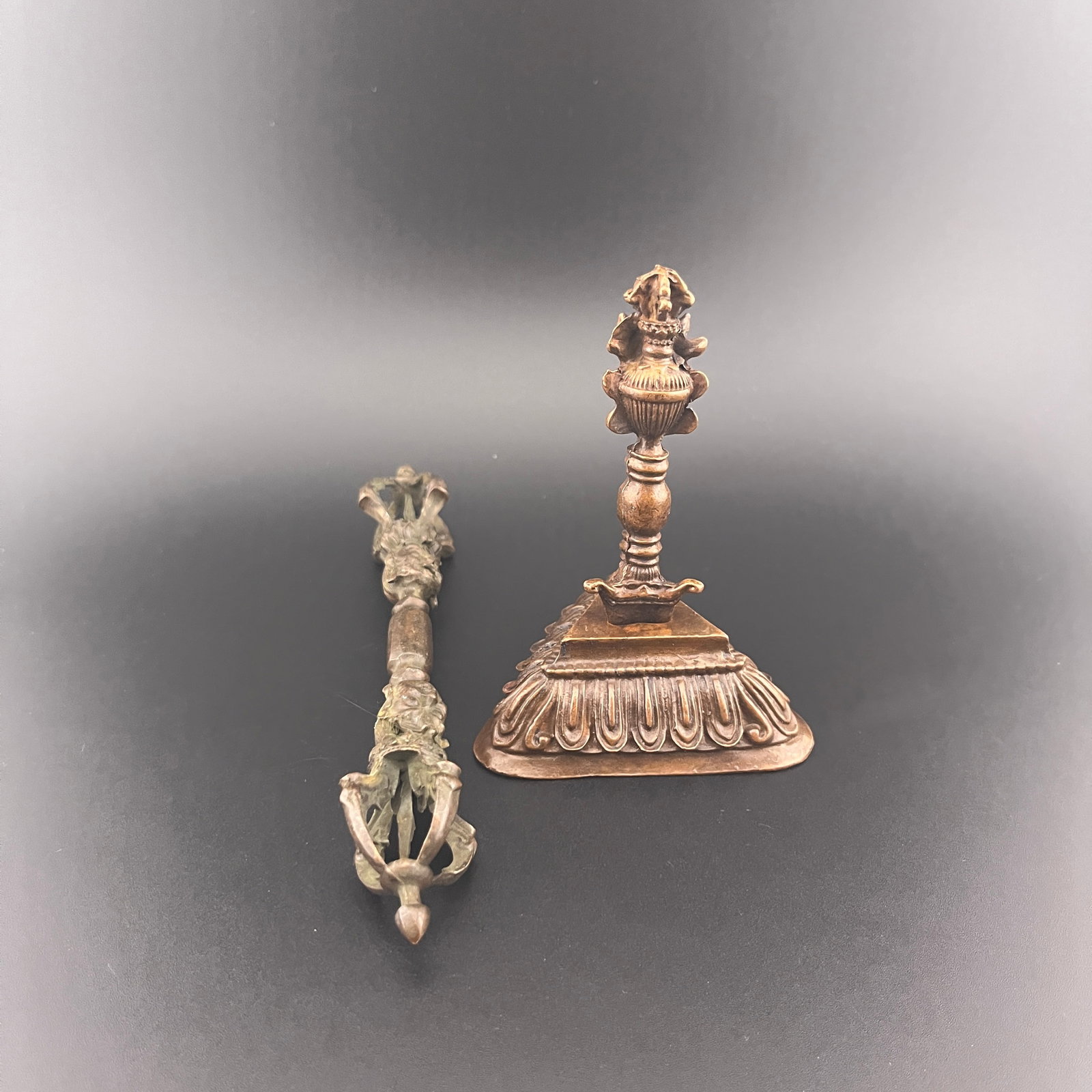 A SET OF TIBETAN BUDDHISM VAJRA: Modern; Long: 6.12 inch; Diameter: 1.1 inch; Long: 2.3 inch; Heigh: 0.9 inch; Long: 3.8 inch; Width:0.83 inch; Woodbase for picture and display only