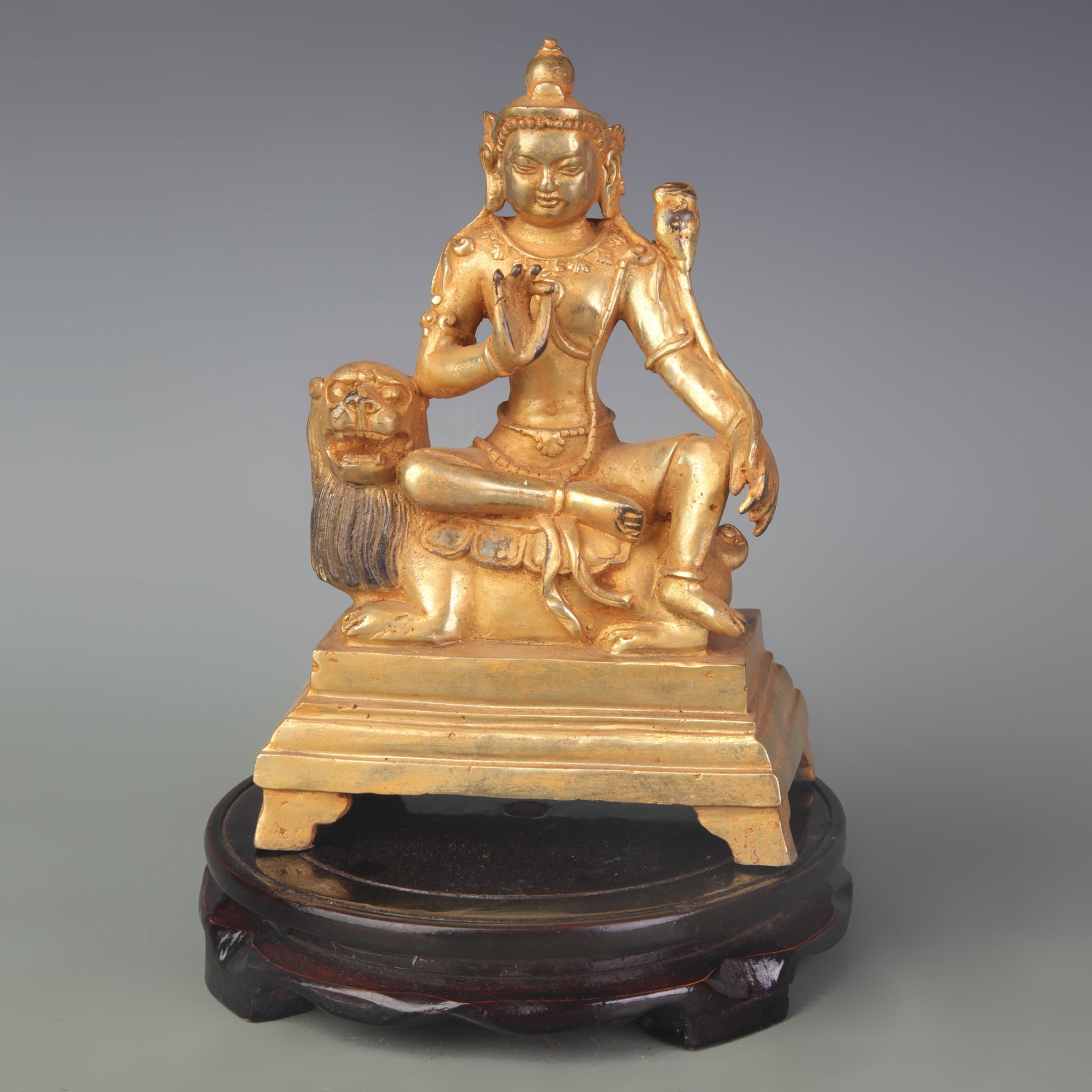 RARE GILT BRONZE GREEN TARA BUDDHIST DEITY FIGURE: Qing Dynasty; Width: 5.5 inch; High: 8.0 inch; Woodbase for picture and display only