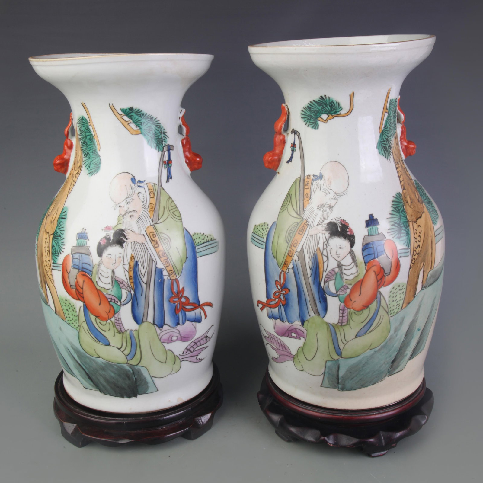 PAIR OF FAMILLE ROSE GLAZED LION EAR FIGURE PORCELAIN VASES: 20th Century; Diameter: 6.5 inch; High: 13.0 inch; Woodbase for picture and display only