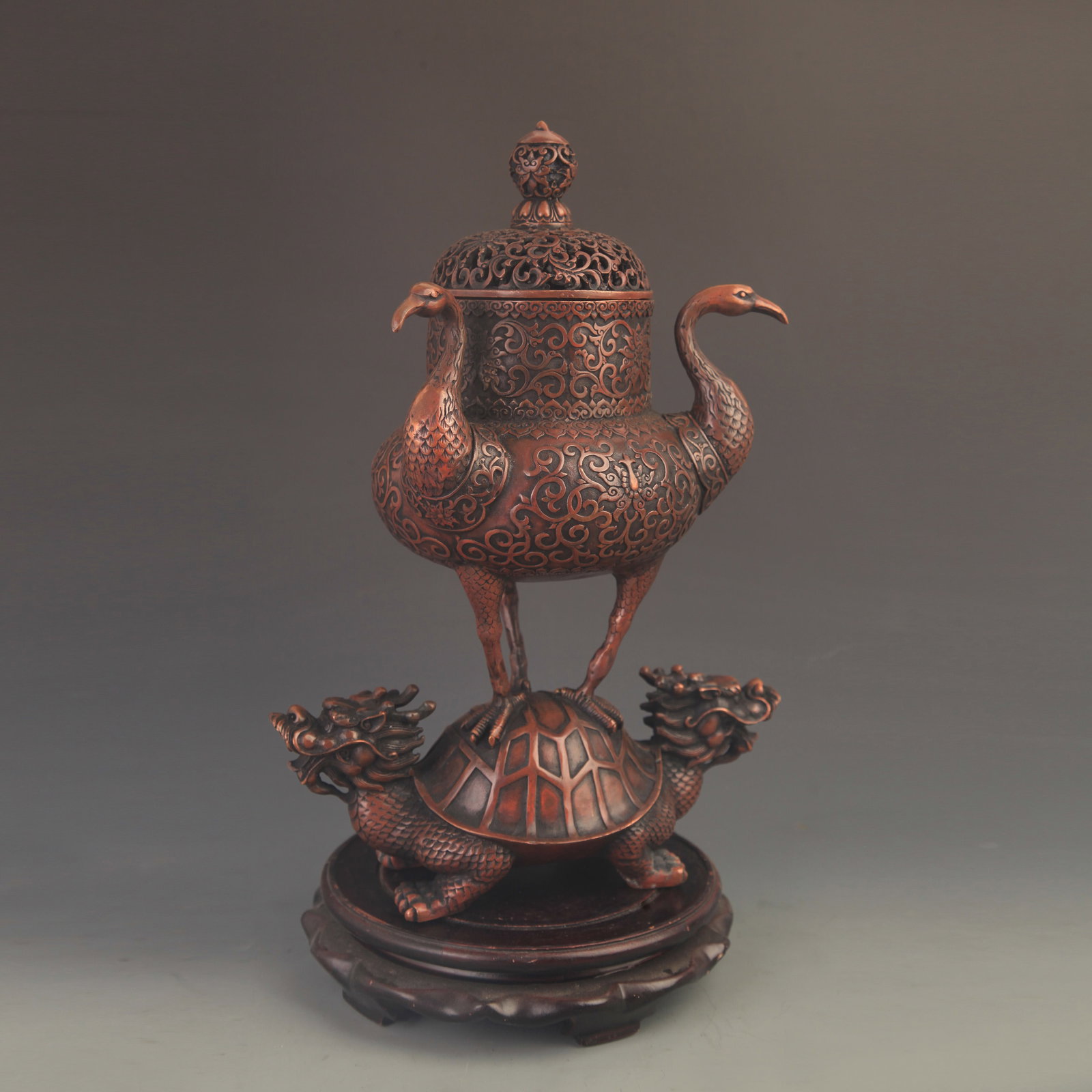 RARE BRONZE INCENSE BURNER WITH LOTUS AND TORTOISE DESIGN: Ming Dynasty Style; High: 12.5 inch; Width: 9.0 inch; Diameter: 3.5 inch; Woodbase for picture and display only