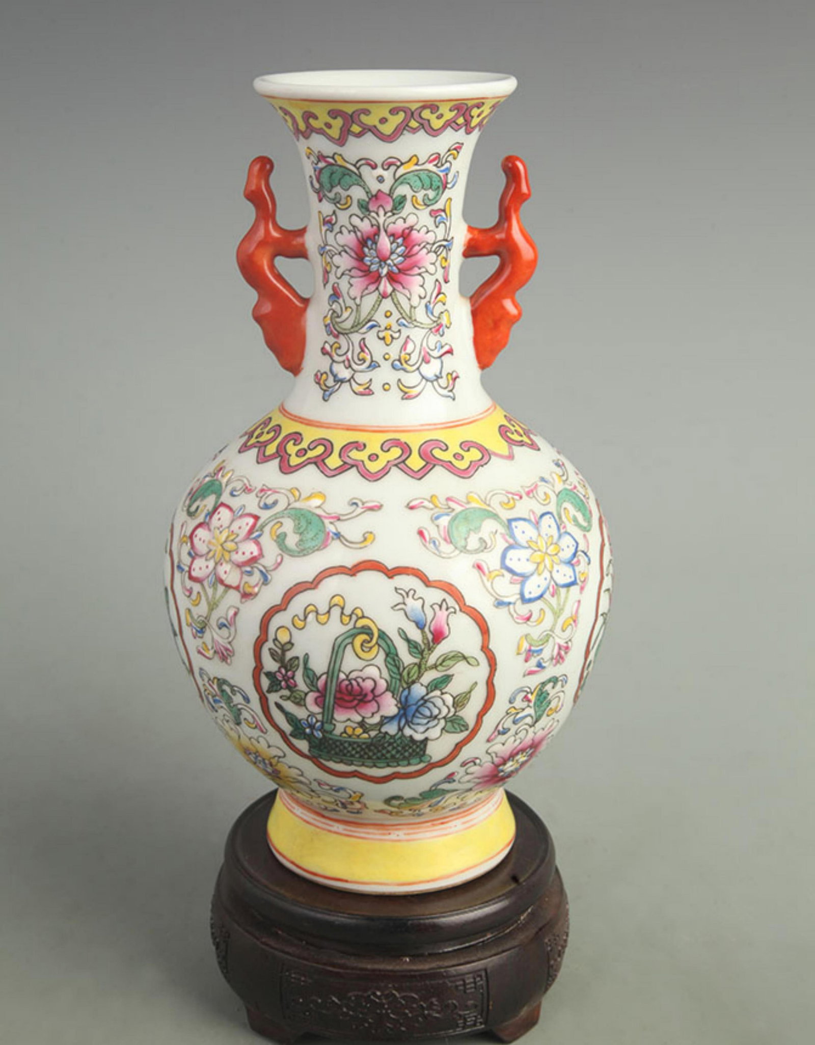 A FINE ENAMEL COLOR DOUBLE EAR FLOWER VASE: Qing Dynasty Qian Long Period,; High: 10.0 inch; High: 5.20 inch; Woodbase for picture and display only