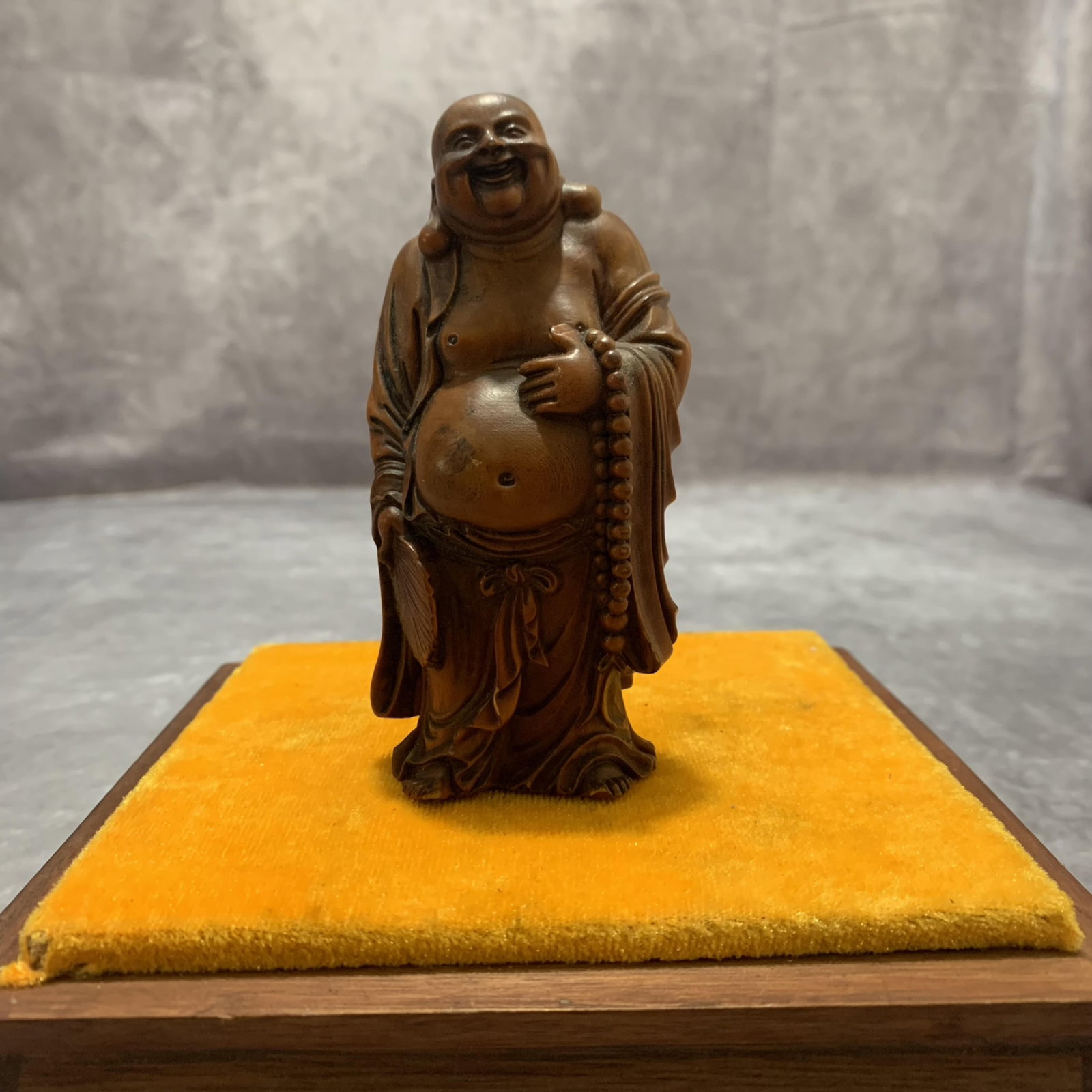 A FINE BOXWOOD MADE MAITREYA BUDDHA FIGURE: Qing Dynasty, Long: 4.6 inch; Width: 1.6 inch; High: 2 inch; Woodbase for picture and display only