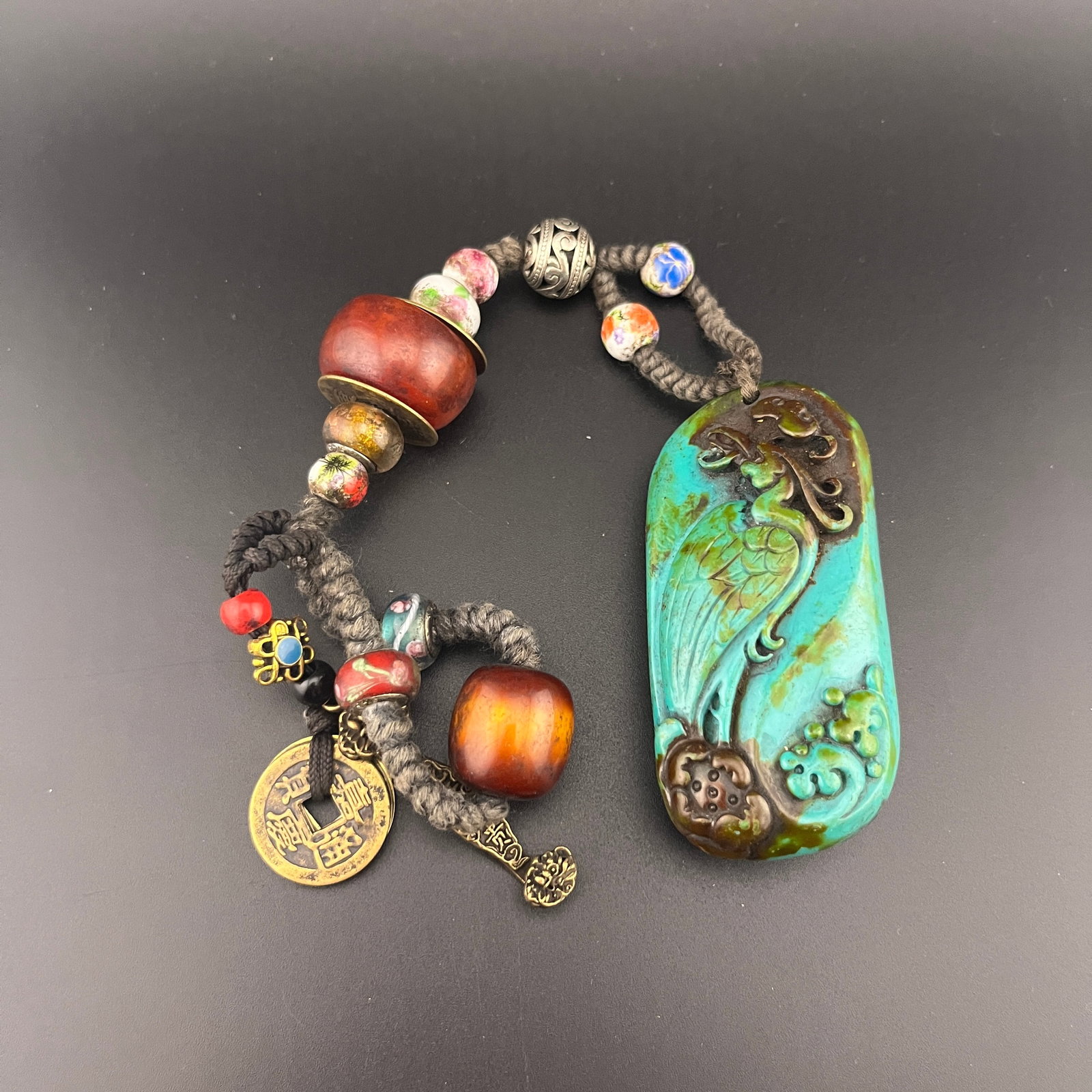 A FINE TIBETAN STYLE TURQUOISE STONE PLAQUE: Modern; Long: 3.15 inch; Width:1.5 inch; Heigh: 1.05 inch; Woodbase for picture and display only