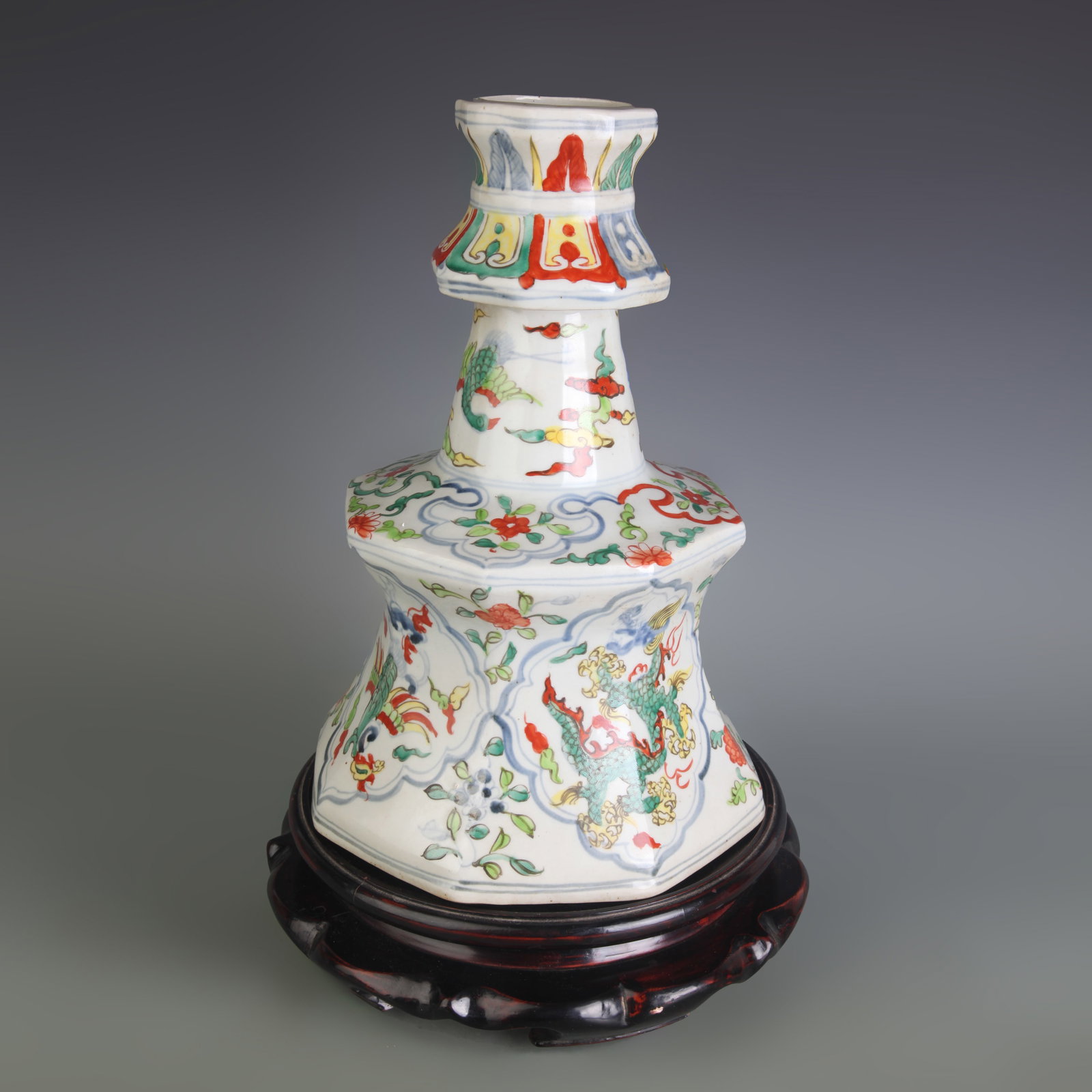 WUCAI COLOR DRAGON AND PHOENIX PATTERN PORCELAIN CANDLEHOLDER: Ming Dynasty Xuan De Period; Width: 8.0 inch; High: 12.0 inch; Woodbase for picture and display only