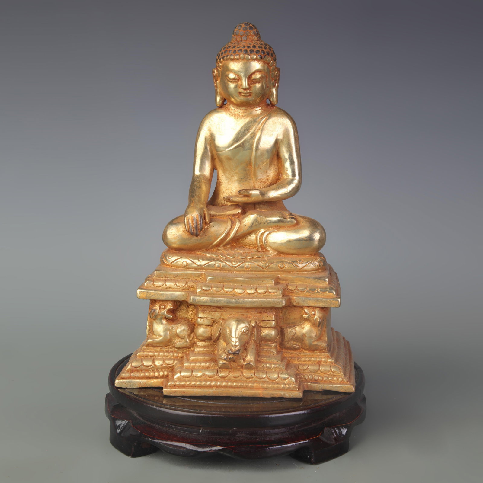 RARE GILT BRONZE SAKYAMUNI BUDDHA FIGURE: Qing Dynasty; Width: 6.0m inch; High: 9.1 inch; Woodbase for picture and display only