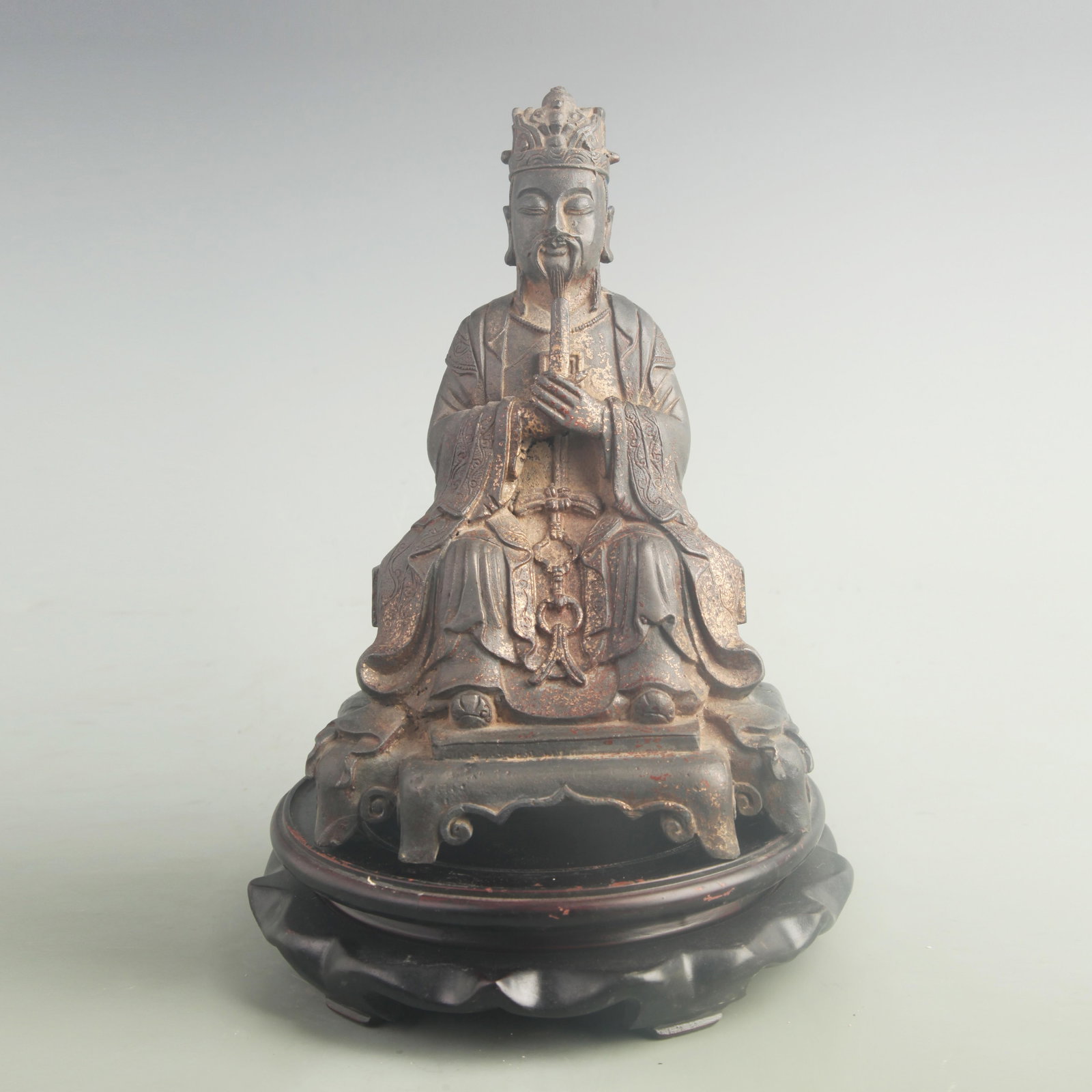A GILT BRONZE CIVIL WEALTH GOD FIGURE: Yuan Dynasty Style; High: 9.00 inch; Width: 6.00 inch; Woodbase for picture and display only