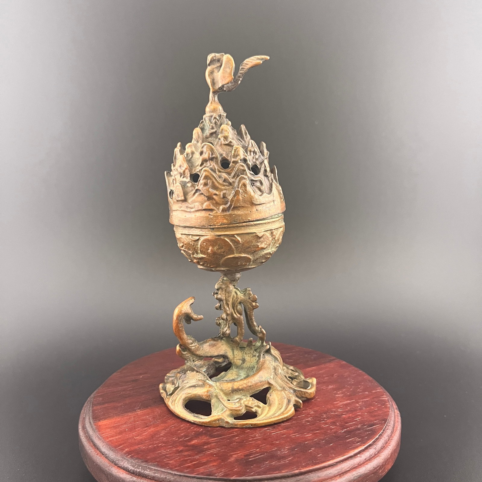 BRONZE INCENSE BURNER OF BAEKJE: 20th Century; Long: 5.5 inch; Diameter: 2.5 inch; Woodbase for picture and display only
