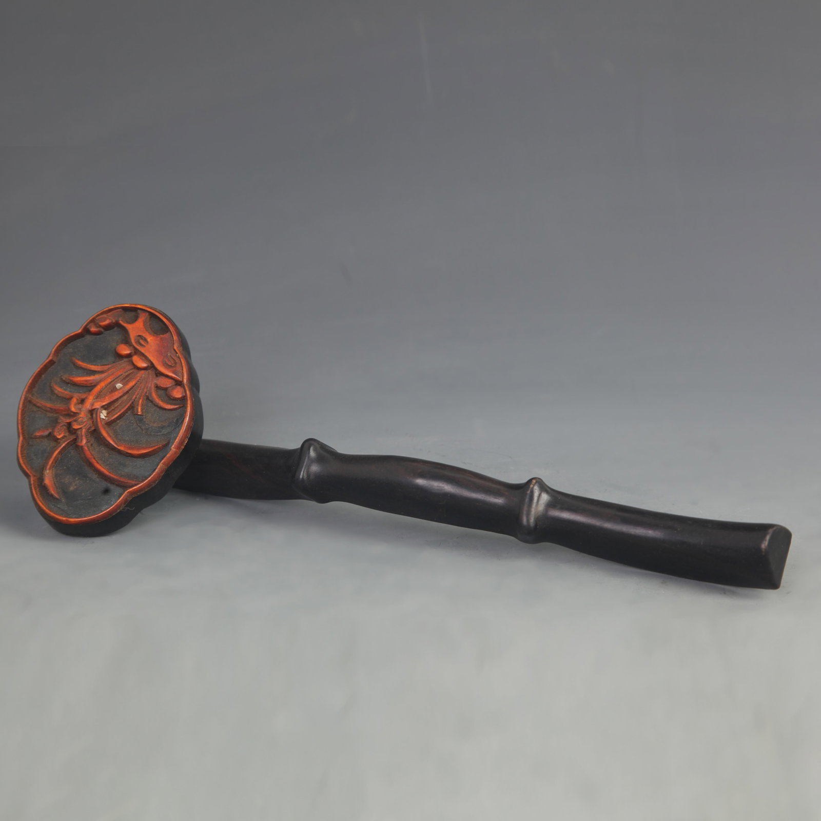 SANDALWOOD RUYI SCEPTER INLAID WITH CHERRY WOOD ORCHID DESIGN: 20th Century; Long: 10.0 inch; Width: 3.25 inch; Woodbase for picture and display only