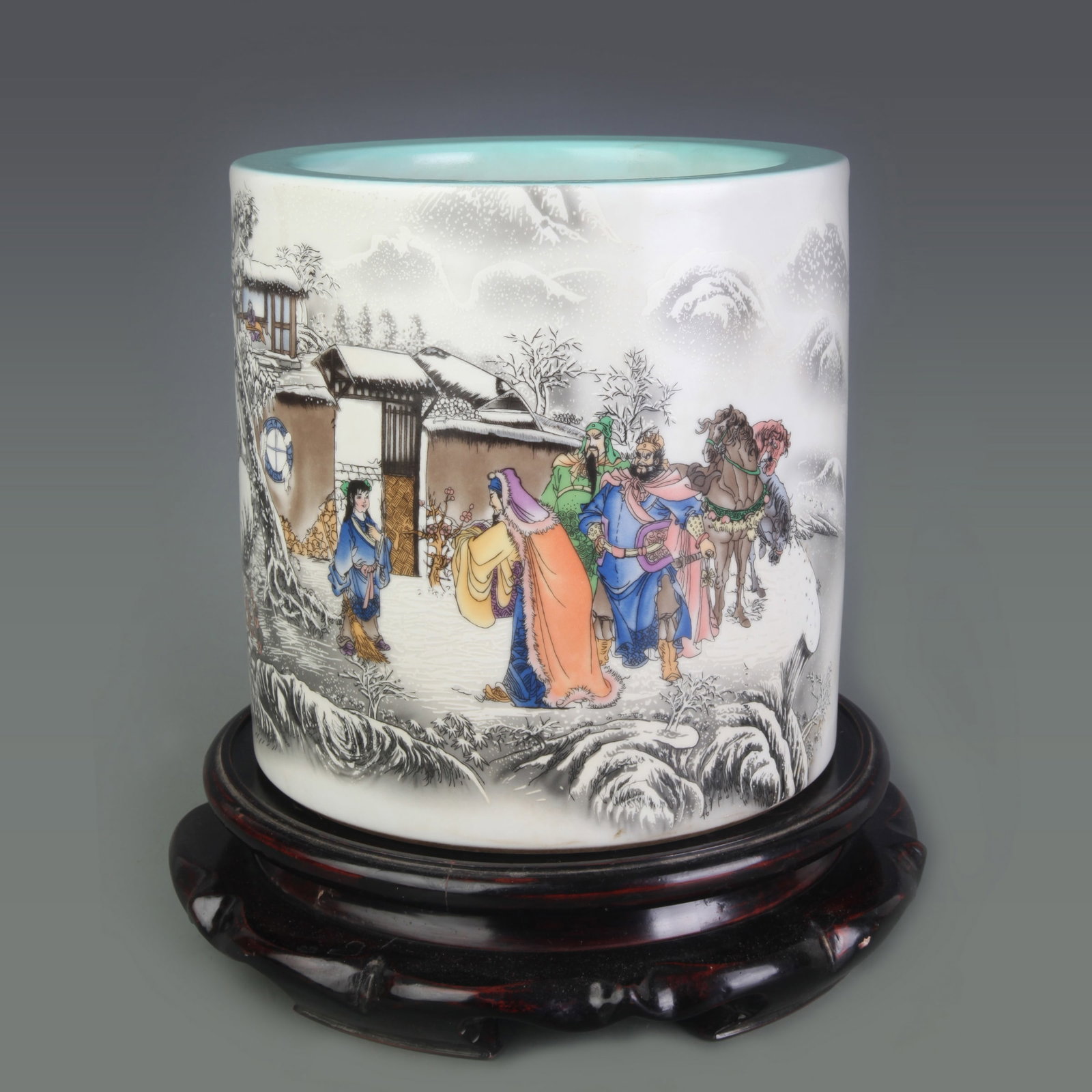 A FAMILLE ROSE BRUSH POT DECORATED WITH NARRATIVE FIGURAL SCENES: Qing Dynasty Qian Long Period; Diameter: 7.8 inch; High: 7.8 inch; Woodbase for picture and display only