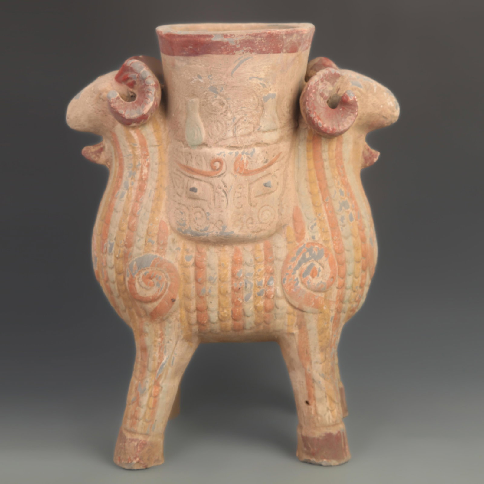 PAINTED GRAY POTTERY BEAST FACE DOUBLE ZUN VASE: Han Dynasty Style; High: 13.75 inch; Width: 11.5 inch; Diameter: 5.00 inch; Woodbase for picture and display only