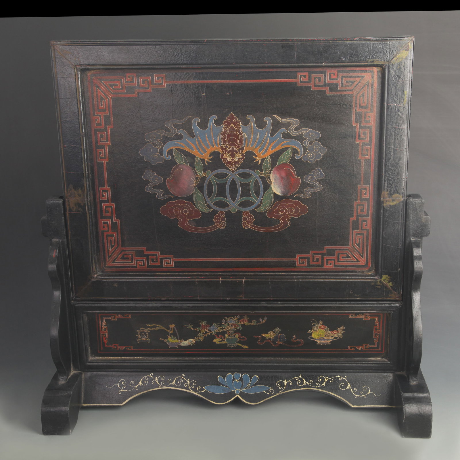 HARDWOOD FRAME WITH LACQUER GILT GOOD FORTUNE PATTERN TABLE SCREEN: 20th Century; High: 20.75 inch; Width: 18.5 inch; Woodbase for picture and display only