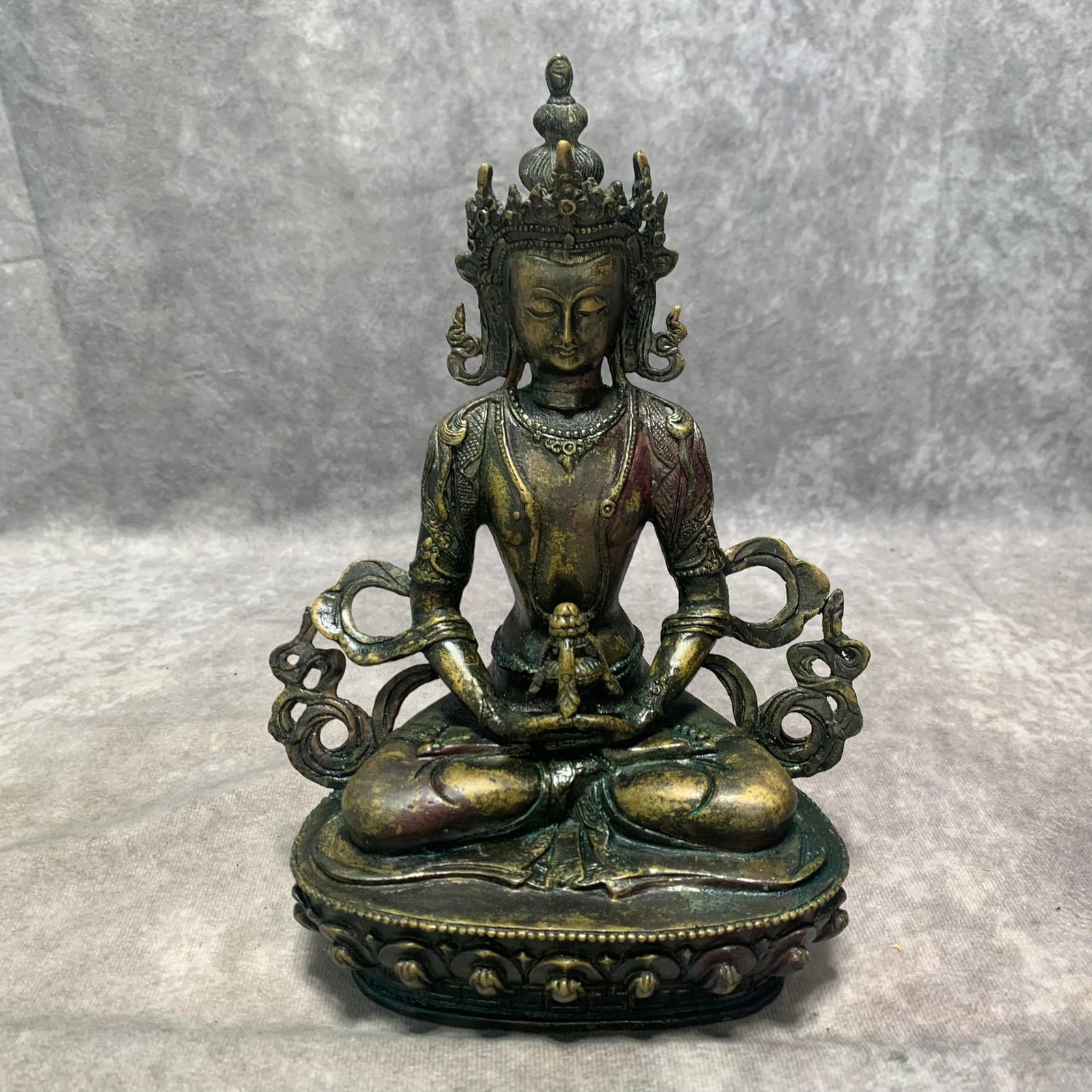 A TIBETAN BUDDHIST MAITREYA BUDDHA FIGURE: Qing Dynasty; Long: 6.1 inch; Width: 3.5 inch; H; 8.4 inch; Woodbase for picture and display only