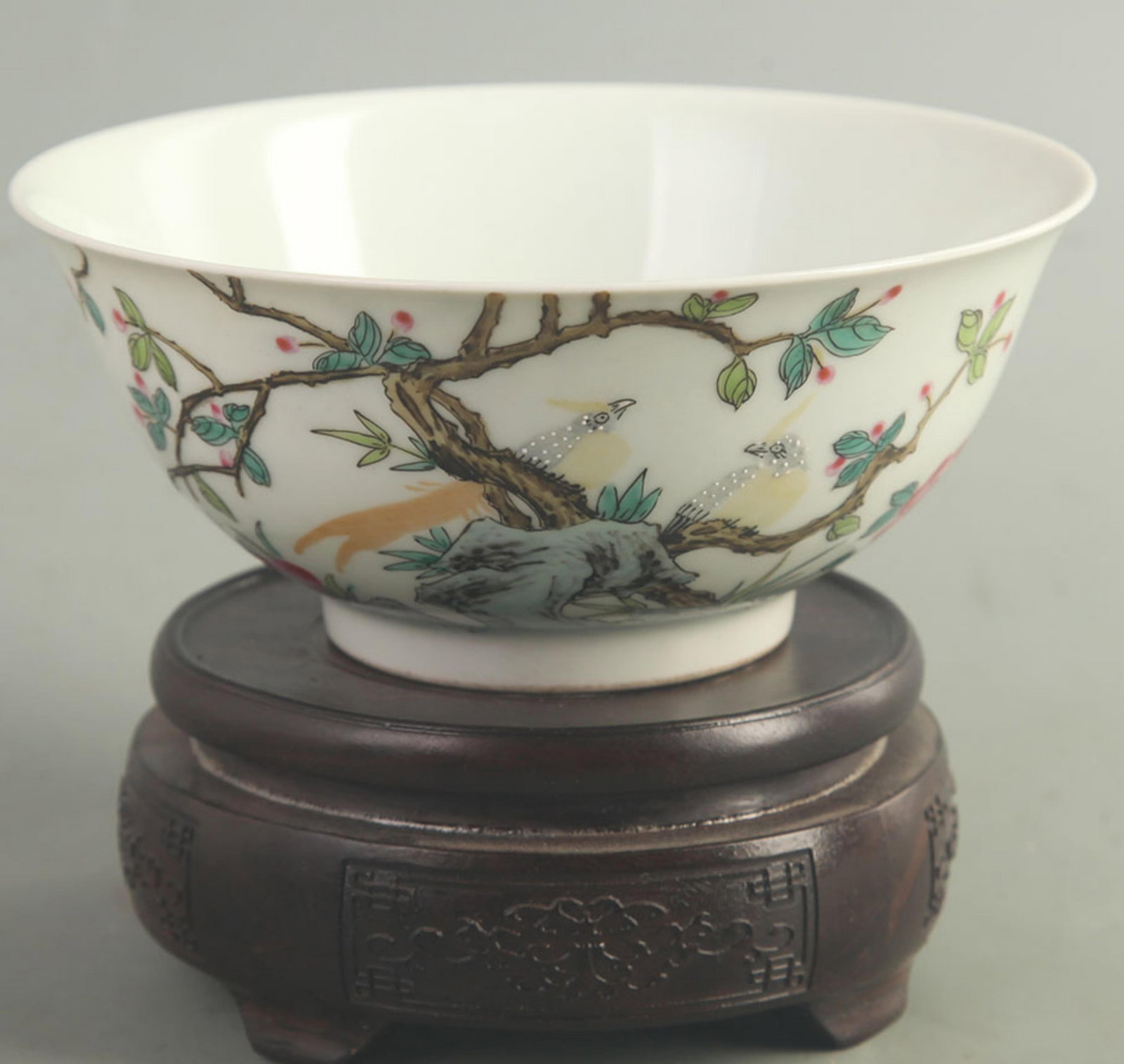 CLOISONNE ENAMEL FLOWER AND BIRD PORCELAIN BOWL: Qing Dynasty Yong Zheng Period; High: 2.50 inch; Diameter: 5.90 inch; Woodbase for picture and display only
