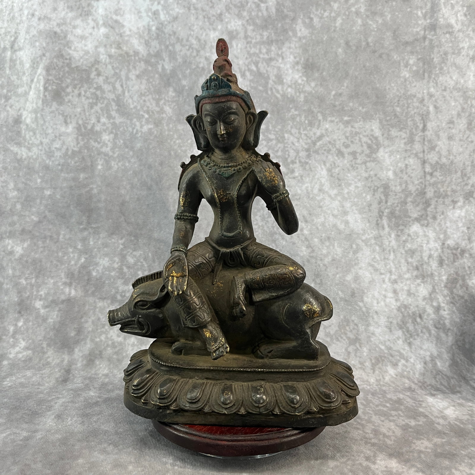 A FINE BRONZE MARICHI (MOLIZHITIAN) ON A BOAR: 19th Century; Long: 2.8 inch; Width:4.2 inch; Heigh: 4.5 inch; Woodbase for picture and display only