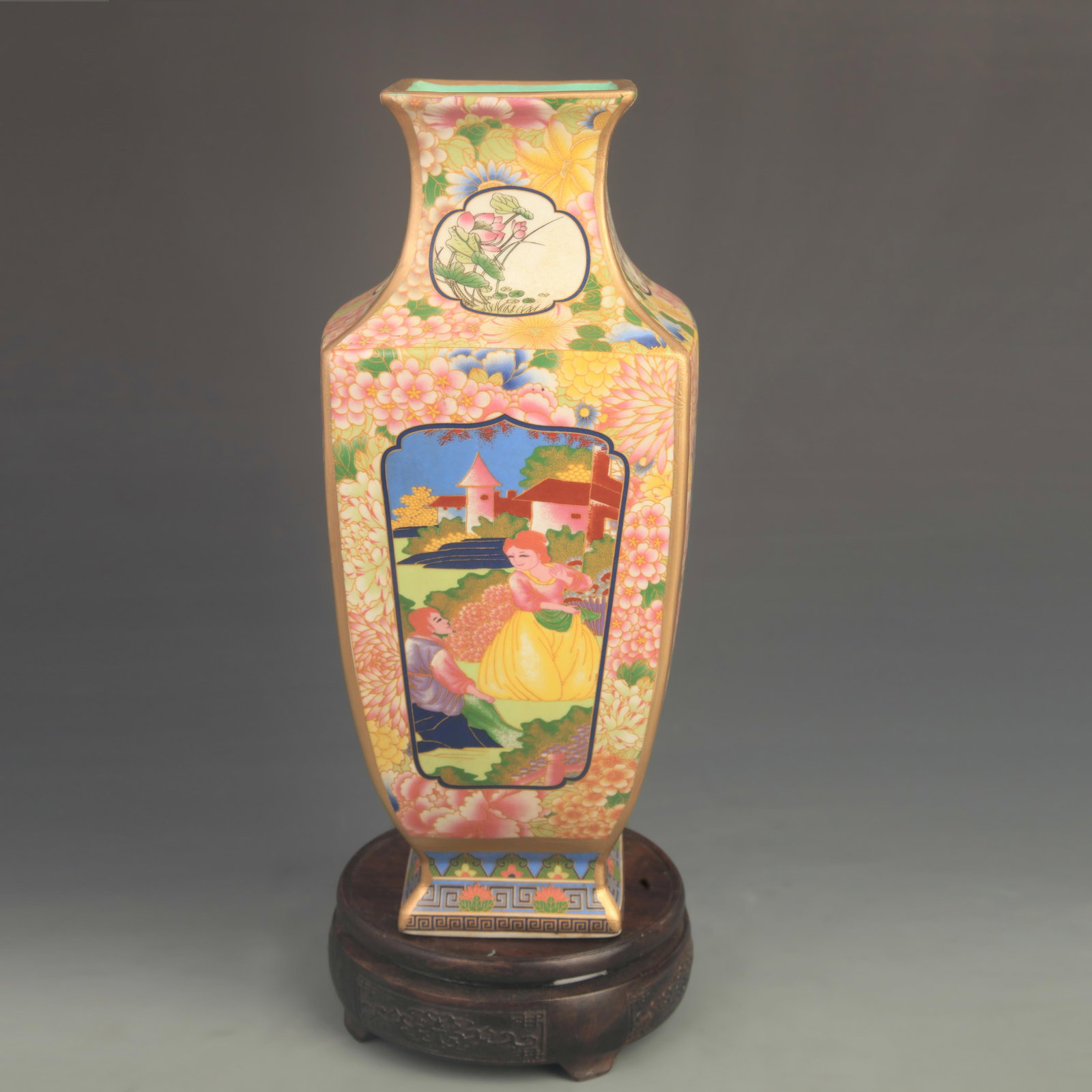 FAMILLE ROSE ENAMELED SQUARE VASE WITH WESTERN FIGURE: Qing Dynasty Yong Zheng Period; High: 12.0 inch; Diameter: 5.00 inch; Woodbase for picture and display only