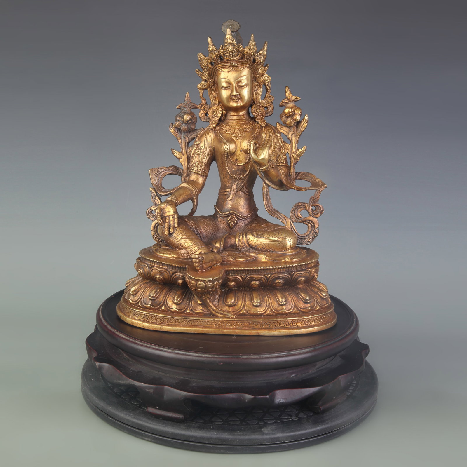 A FINE GILT BRONZE GREEN TARA FIGURE: Qing Dynasty; High: 11.6 inch; Woodbase for picture and display only