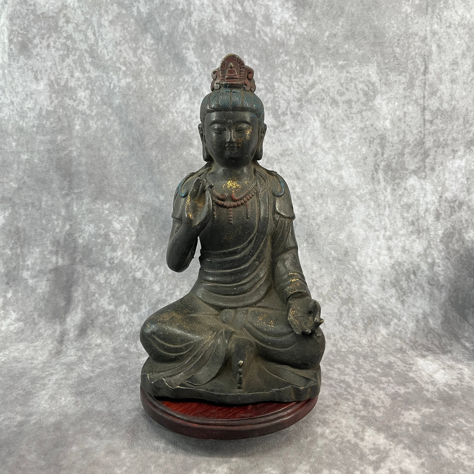 BRONZE SEATED GUANYIN (ABHAYA MUDRA): 19th Century; Long: 5.3 inch; Width:4.6 inch; Heigh: 9.2 inch; Woodbase for picture and display only