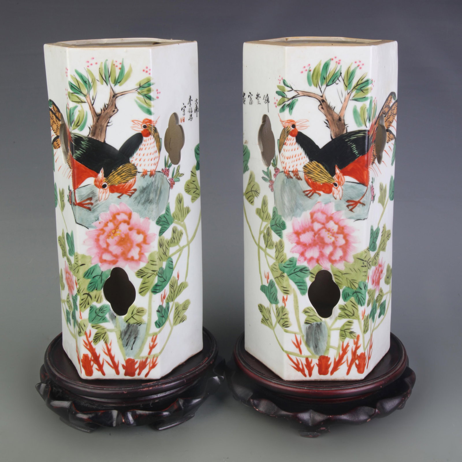PAIR OF FAMILLE ROSE HEXAGONAL FLOWER AND BIRD PATTERN HAT STAND (1 of 11)
