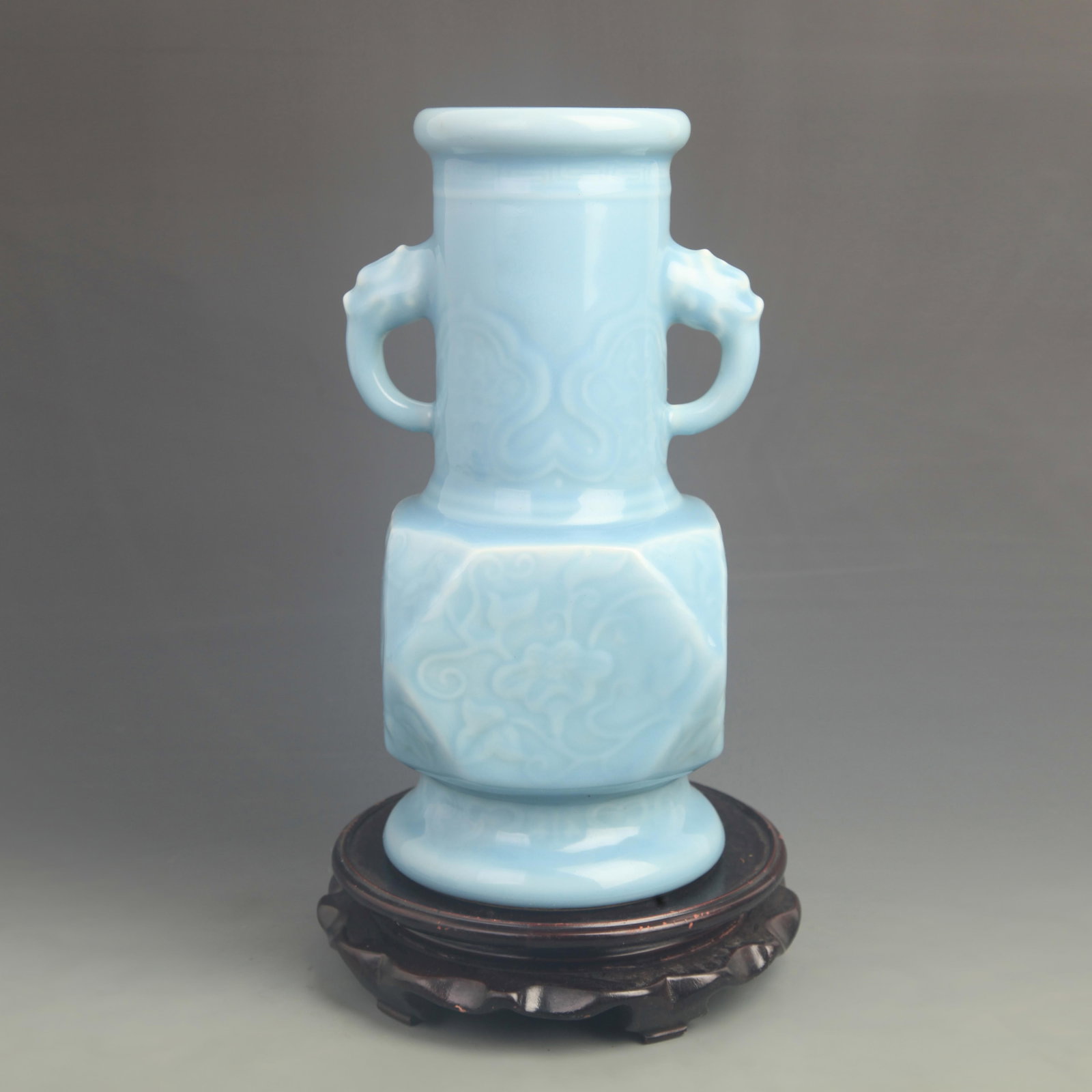 SKY BLUE GLAZE ELEPHANT EAR SQUARE PORCELAIN VASE: Qing Dynasty Qian Long Period; High: 12.0 inch Diameter: 5.00 inch; Woodbase for picture and display only