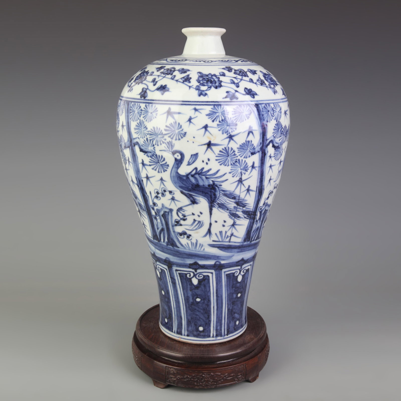 BLUE AND WHITE PEONY AND PEACOCK PATTERN MEI STYLE VASE: Ming Dynasty Style; High: 13.7; Diameter: 7.1 inch; Woodbase for picture and display only