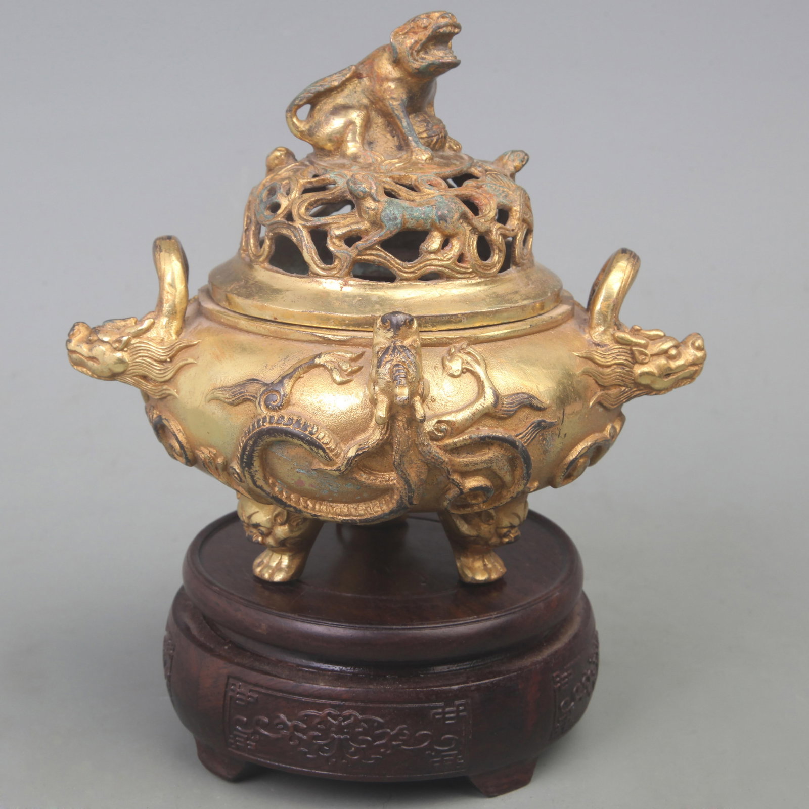 GILT BRONZE DRAGON PATTERN BEAST KNOB THREE FOOTED INCENSE BURNER: Modern; Diameter: 6.2 inch; High: 6.5 inch; Woodbase for picture and display only