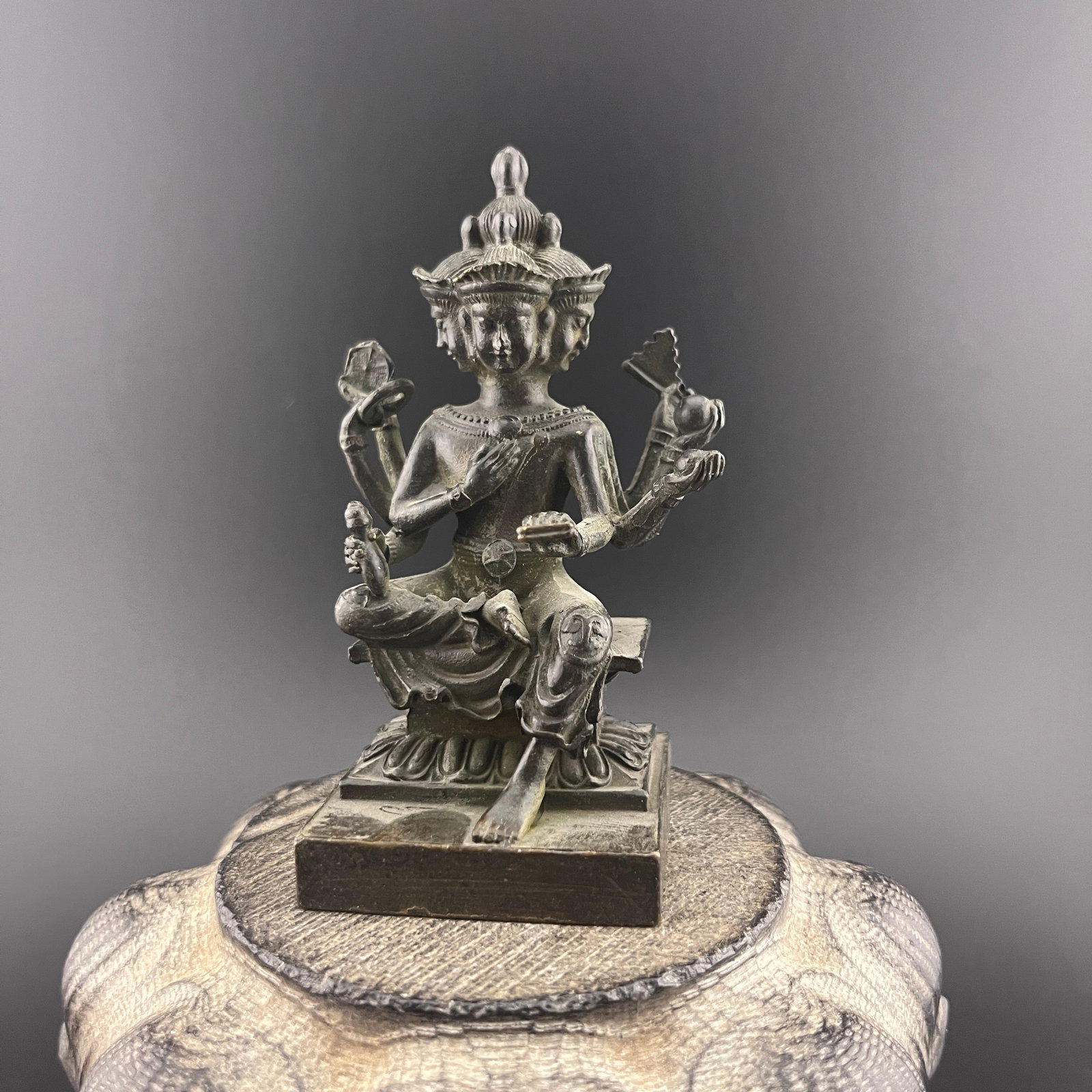 A SMALL BRONZE FOUR FACE PHRA PHROM STATUE - 5