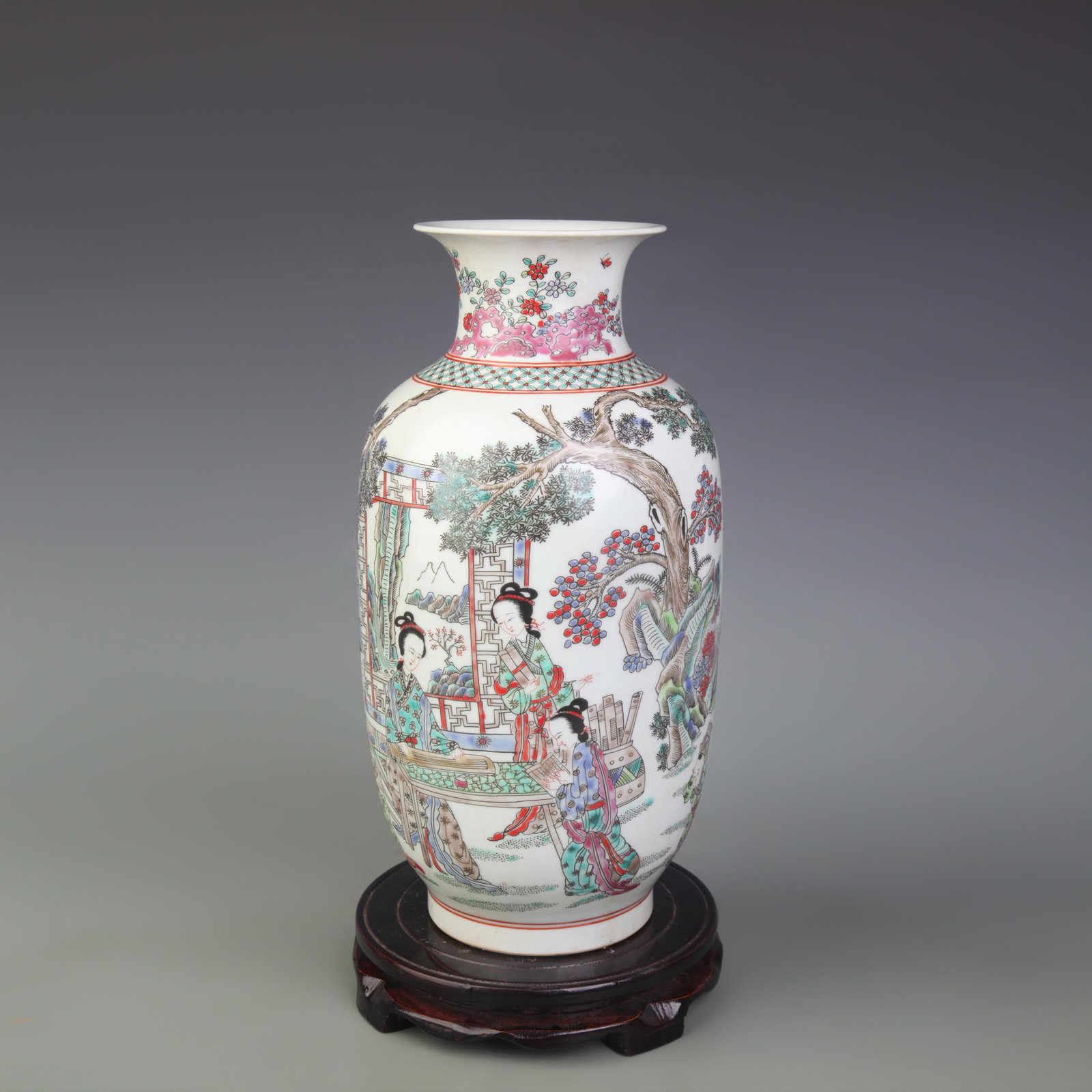 A FAMILLE-ROSE FIGURAL LANTERN STYLE PORCELAIN VASE: Qing Dynasty Yong Zheng Period; High: 12.2 inch; Woodbase for picture and display only