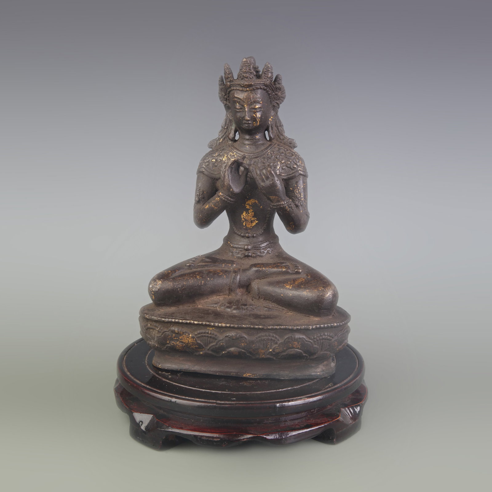 A FINE BRONZE GREEN TARA (SHYAMATARA) BUDDHA STATUE: Ming Dynasty Style; High: 8.0 inch; Woodbase for picture and display only