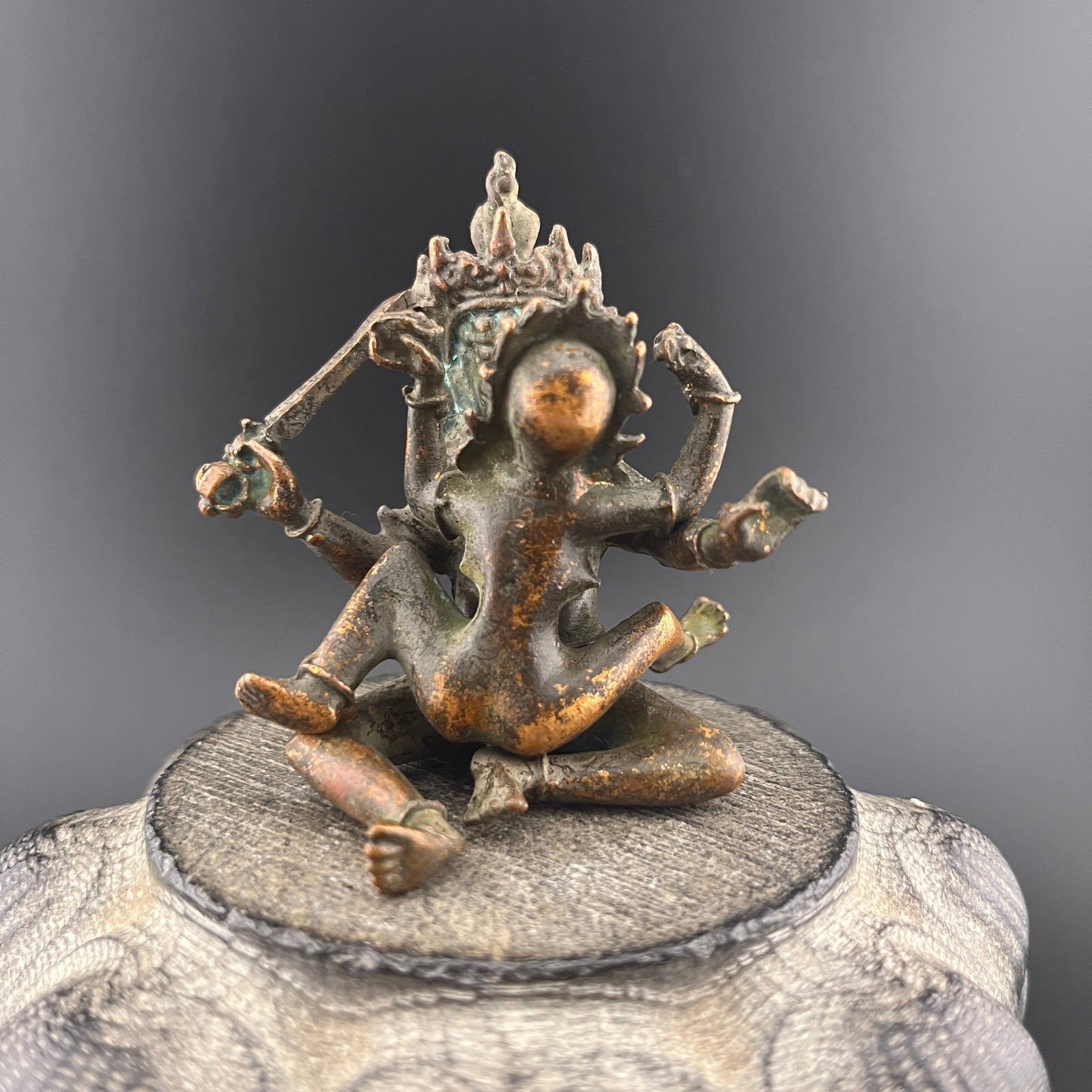 A SMALL BRONZE YAB-YUM (TANTRIC UNION) STATUE: 20th Century; Width:2.4 inch; Heigh: 2.6 inch; Woodbase for picture and display only