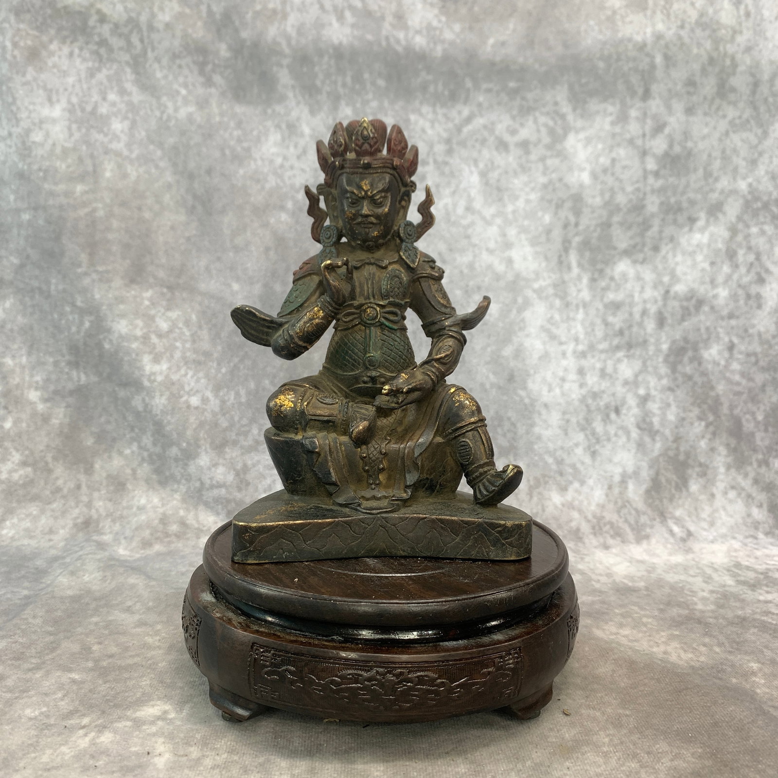 BRONZE WEI TUO (SKANDA) BODHISATTVA: 19th Century; Long: 4.7 inch; Width:3.1 inch; Heigh: 7.3 inch; Woodbase for picture and display only
