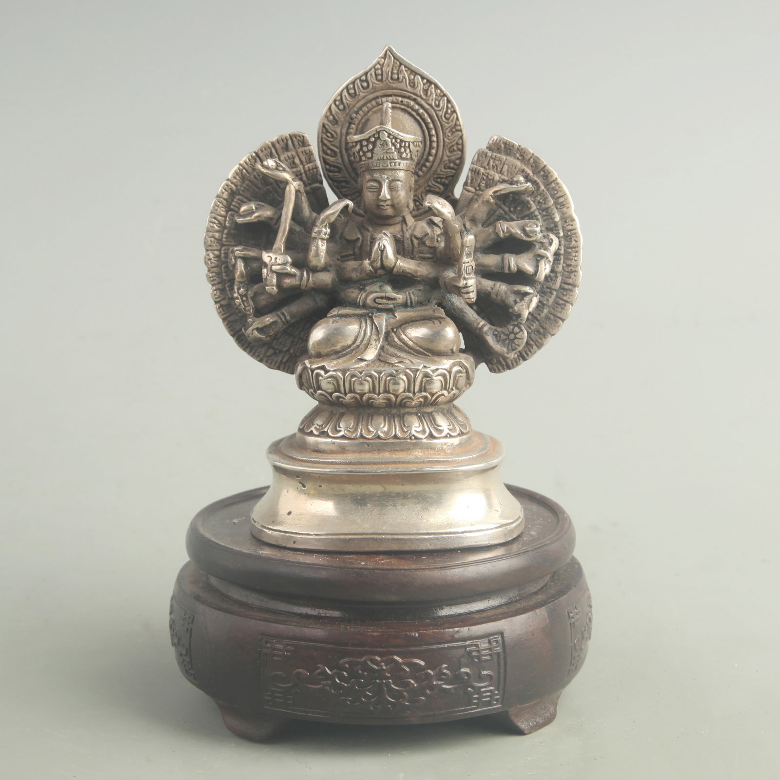 A SILVER-INLAID GILT BRONZE CUNDI BODHISATTVA: 20th Century; High: 5.00 inch; Width: 4.00 inch; Woodbase for picture and display only