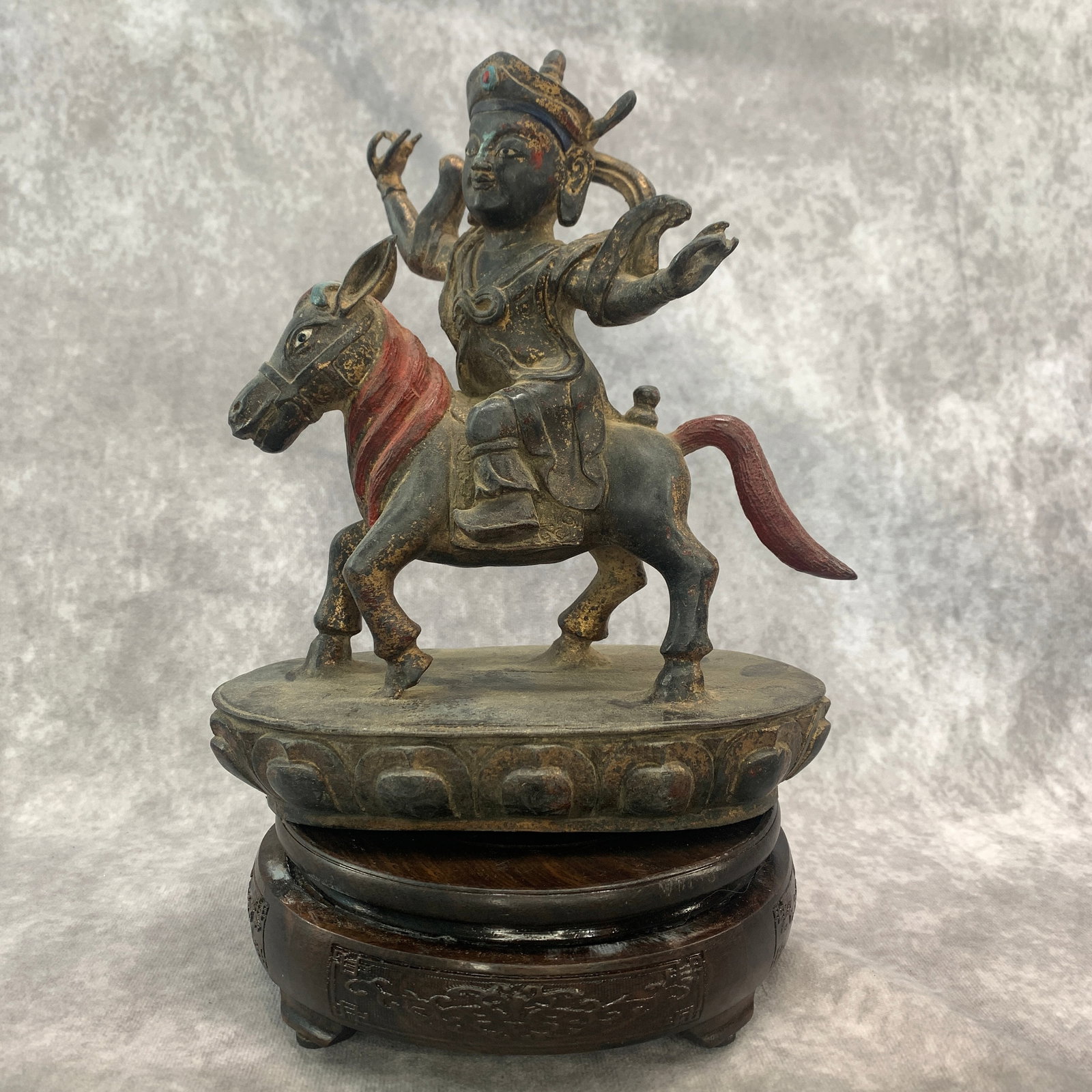 TIBETAN BRONZE STATUE OF PALDEN LHAMO: Qing Dynasty; Long: 7.2 inch; Width: 4 inch; High: 8.6 inch; Woodbase for picture and display only