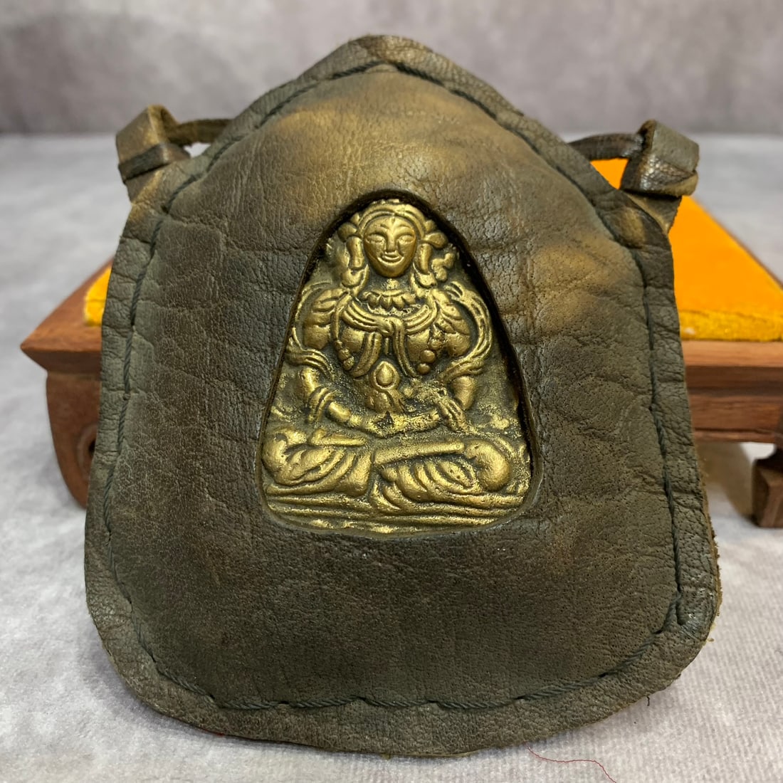 A FINE TIBETAN BRONZE GAWU PENDANT: Modern; Width: 4.1 inch; High: 4.7 inch; Width: 4.1 inch; High: 4.7 inch; Woodbase for picture and display only