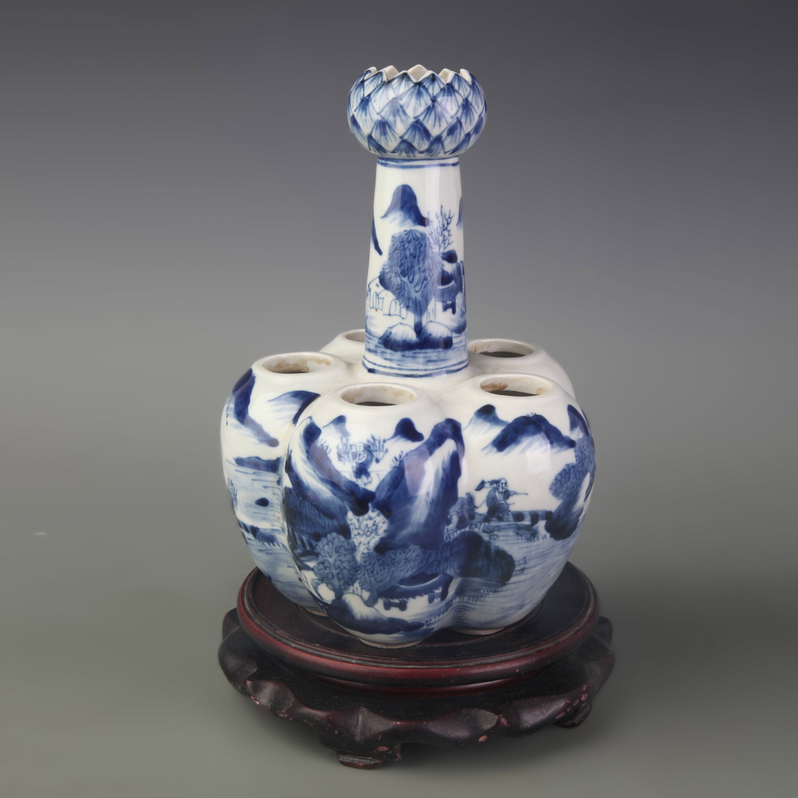 A BLUE AND WHITE FIGURAL SIX-HOLE VASE (1 of 5)