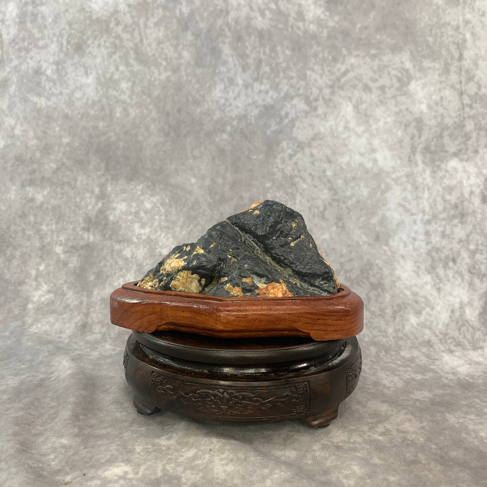 A FINE LINGBI STONE SCHOLAR'S STONE WITH ROSEWOOD BASE: Modern; Long: 5.5 inch; Width:5.4 inch; Heigh: 2.6 inch; Woodbase for picture and display only