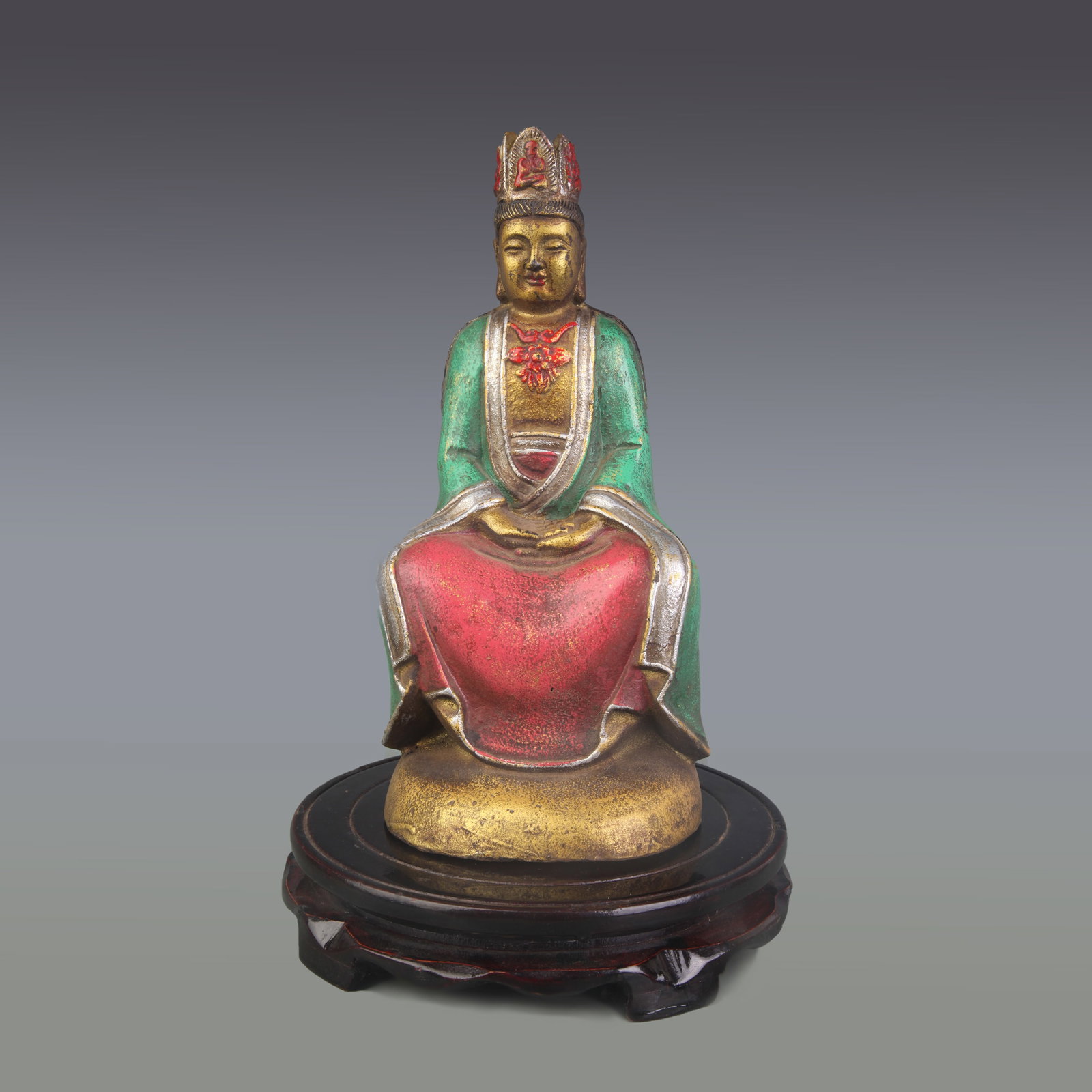 POLYCHROME GILT-BRONZE CROWNED BUDDHA: Qing Dynasty; Width: 4.2 inch; High: 9.1 inch; Woodbase for picture and display only