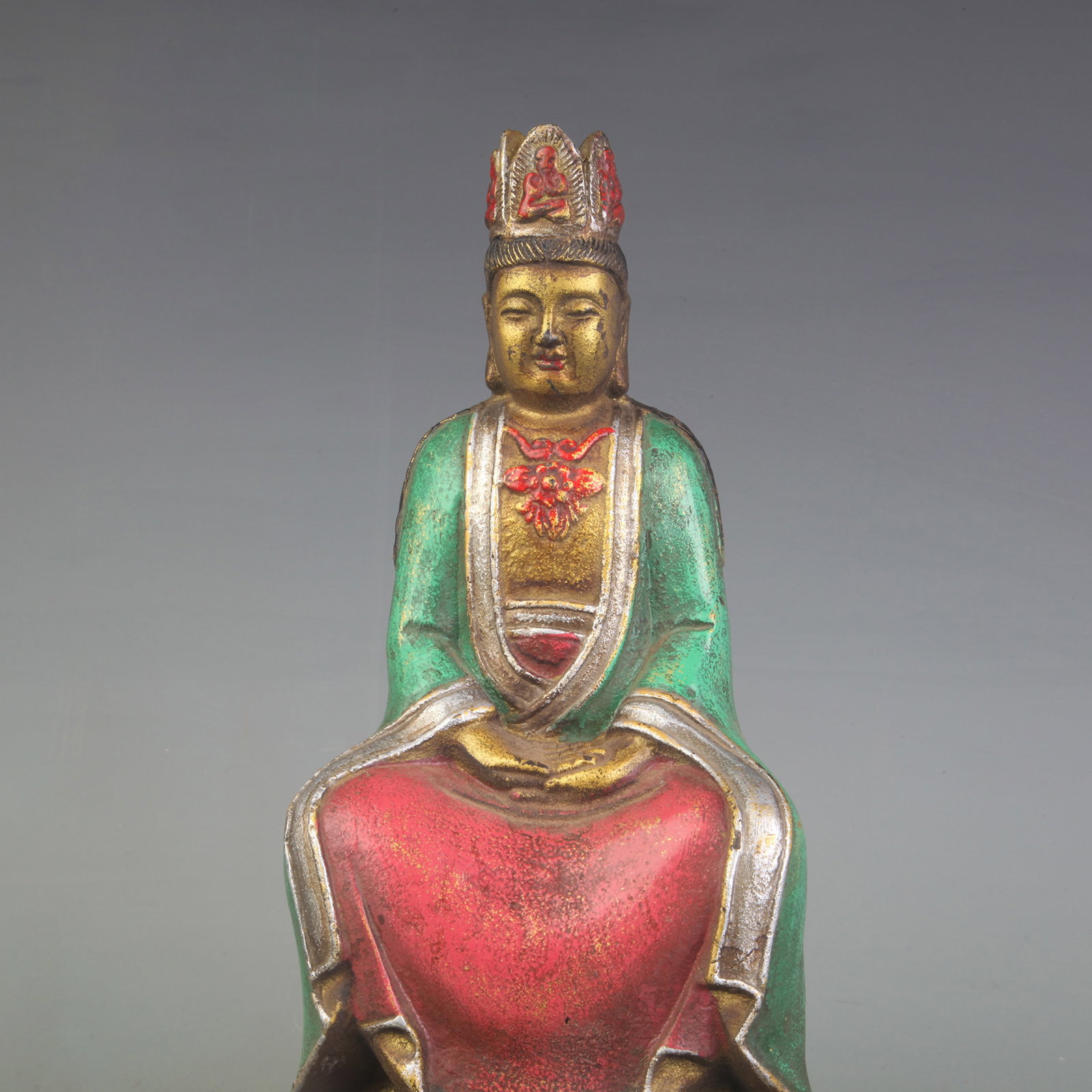 POLYCHROME GILT-BRONZE CROWNED BUDDHA - 2