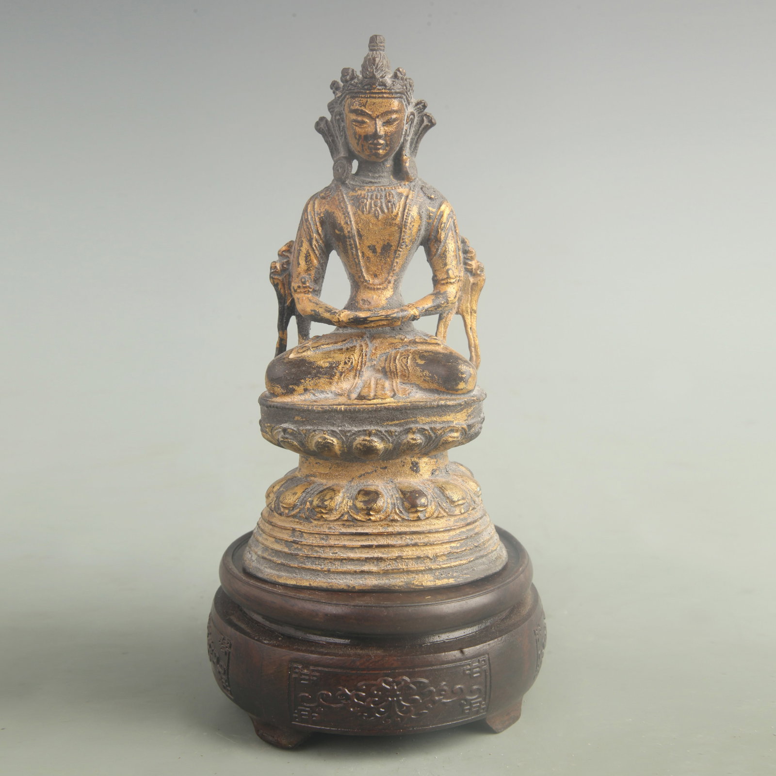 GILT BRONZE MANJUSHRI BODHISATTVA STATUE: 19th Century; High: 6.80 inch; High: 6.80 inch; Woodbase for picture and display only