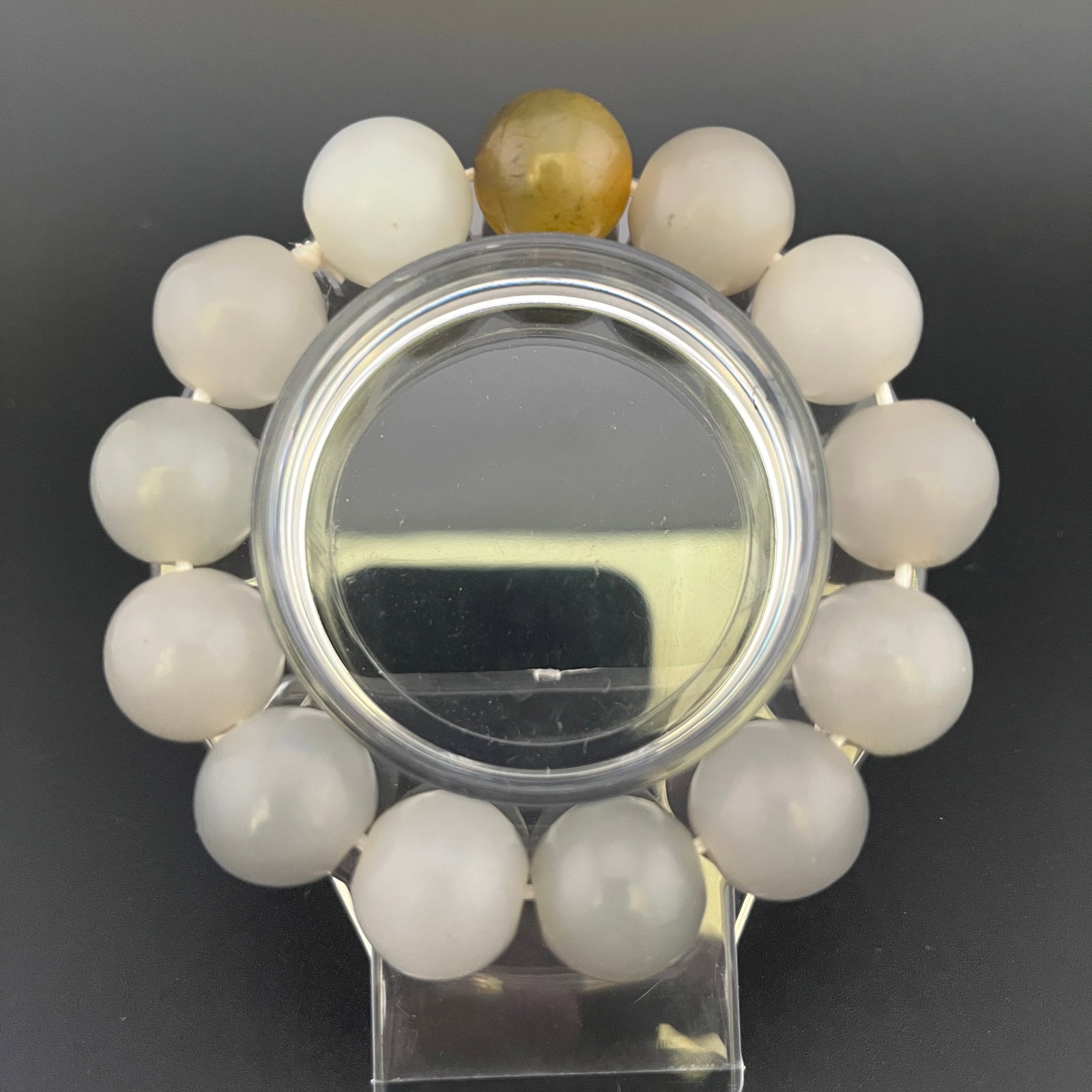 A FINE WHITE JADE MADE NECKLACE: Modern; Long: 3.8 inch; Diameter: 0.58 inch; Woodbase for picture and display only