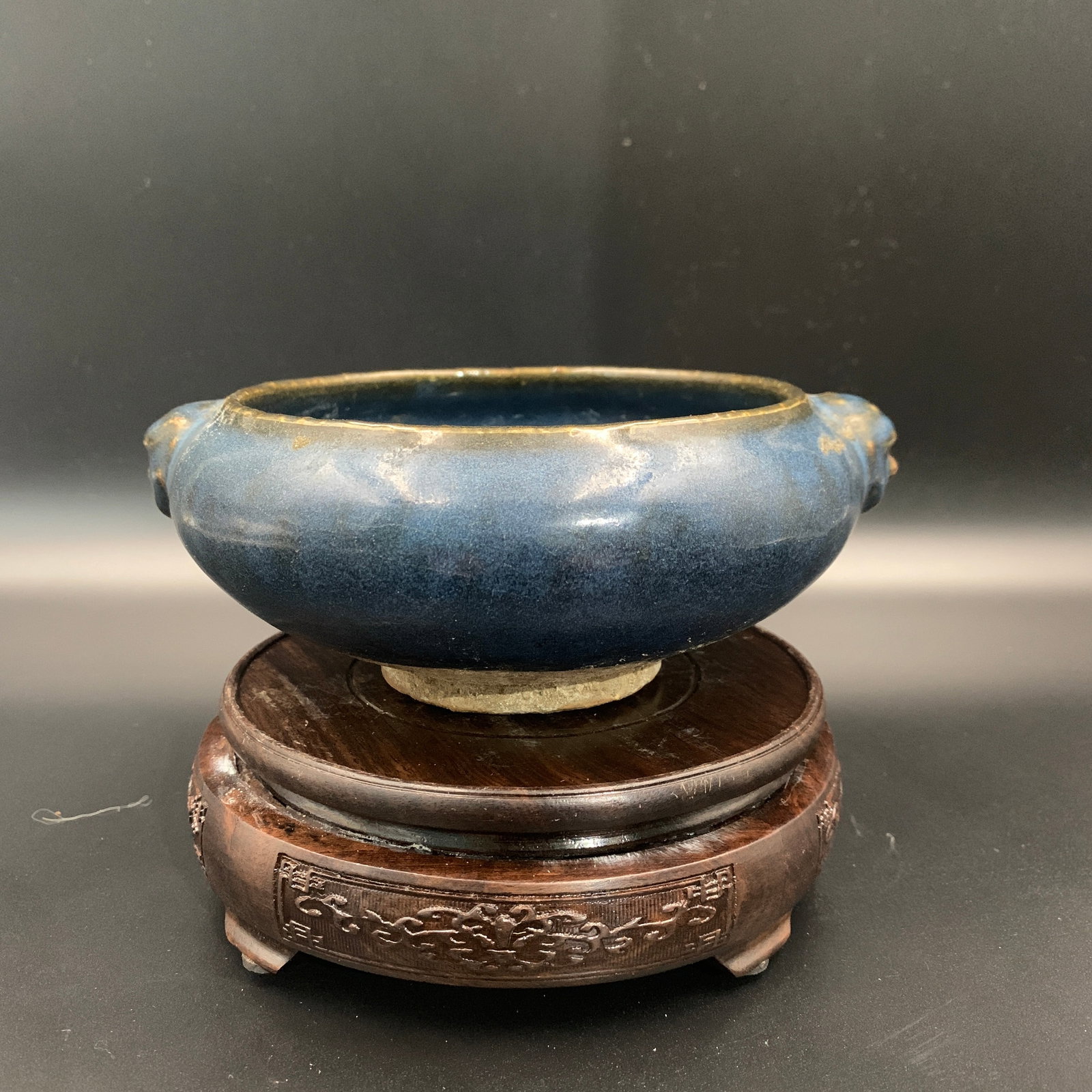 MONOCHROME BLUE GLAZED PORCELAIN CENSER: Yuan Dynasty Style; Long: 7.4 inch; Width:6.6 inch; Heigh: 3 inch; Woodbase for picture and display only