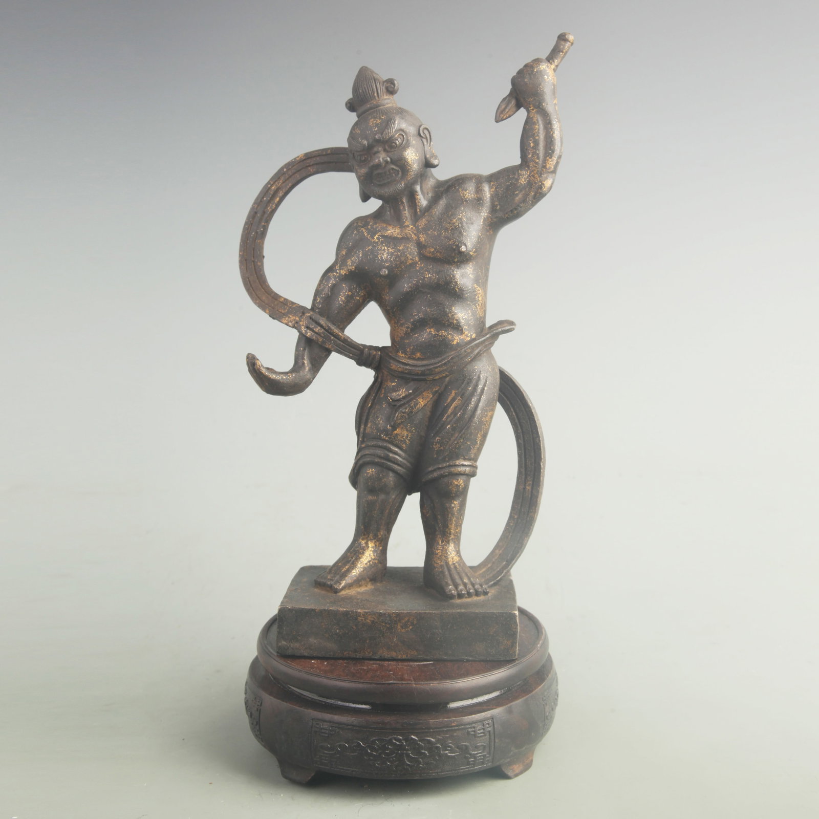 GILT BRONZE VAJRA WARRIOR (GUARDIAN DEITY): 19th Century; High: 9.70 inch; Width: 6.00 inch; Woodbase for picture and display only