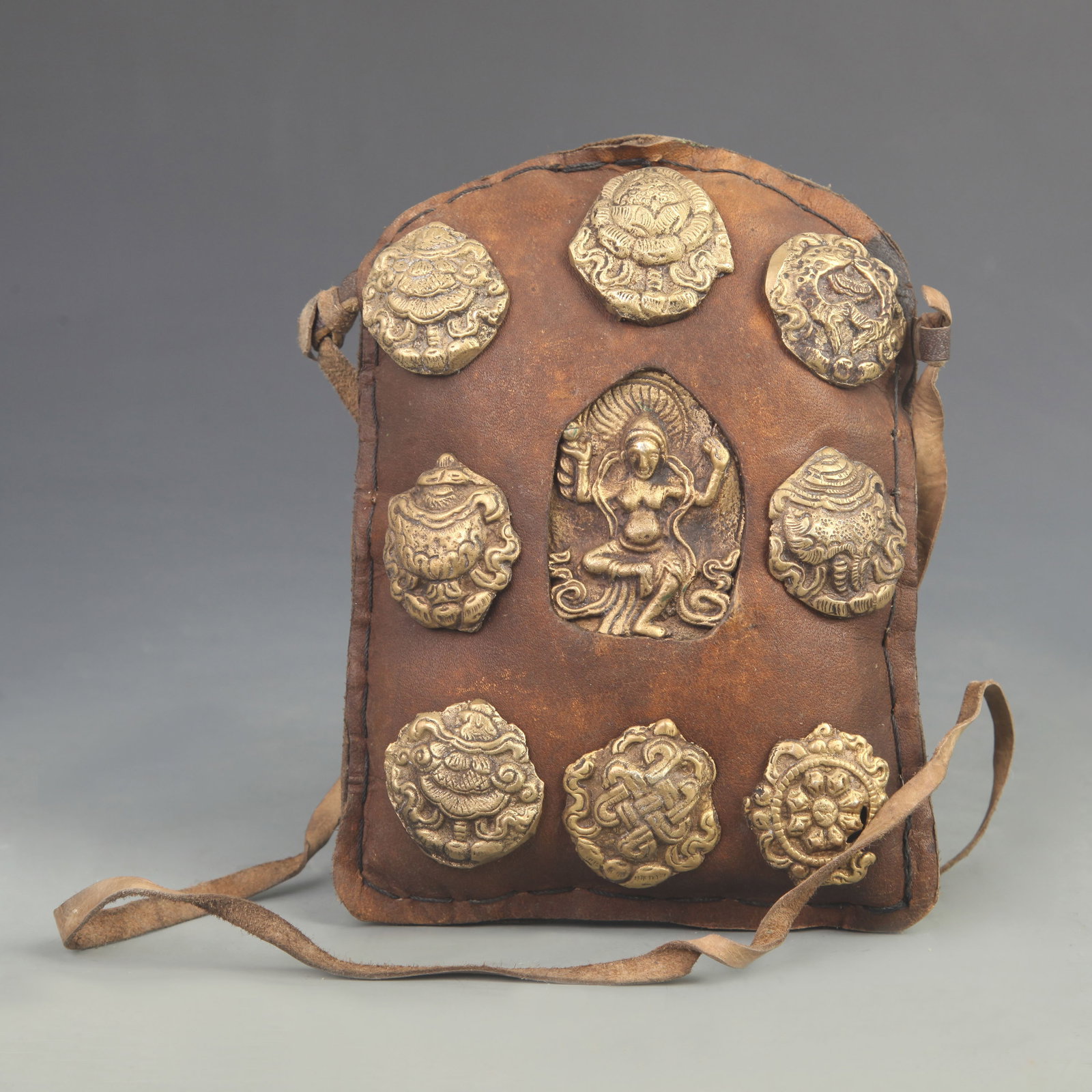TIBETAN BUDDHISM LEATHER BAG EIGHT AUSPICIOUS PATTERN GAWU: 20th Century; High: 7.00 inch; Width: 5.00 inch; Woodbase for picture and display only