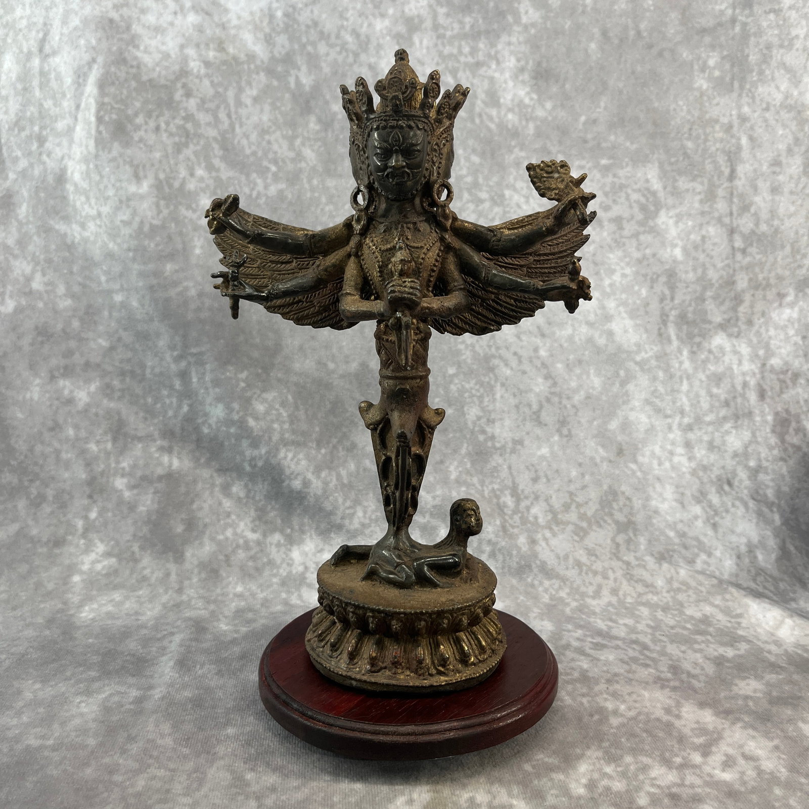 A FINE TIBETAN BRONZE PHURBA IN VAJRAKILAYA STYLE: Qing Dynasty; Long: 6.4 inch; Width: 3.4 inch; High: 10.1 inch; Woodbase for picture and display only