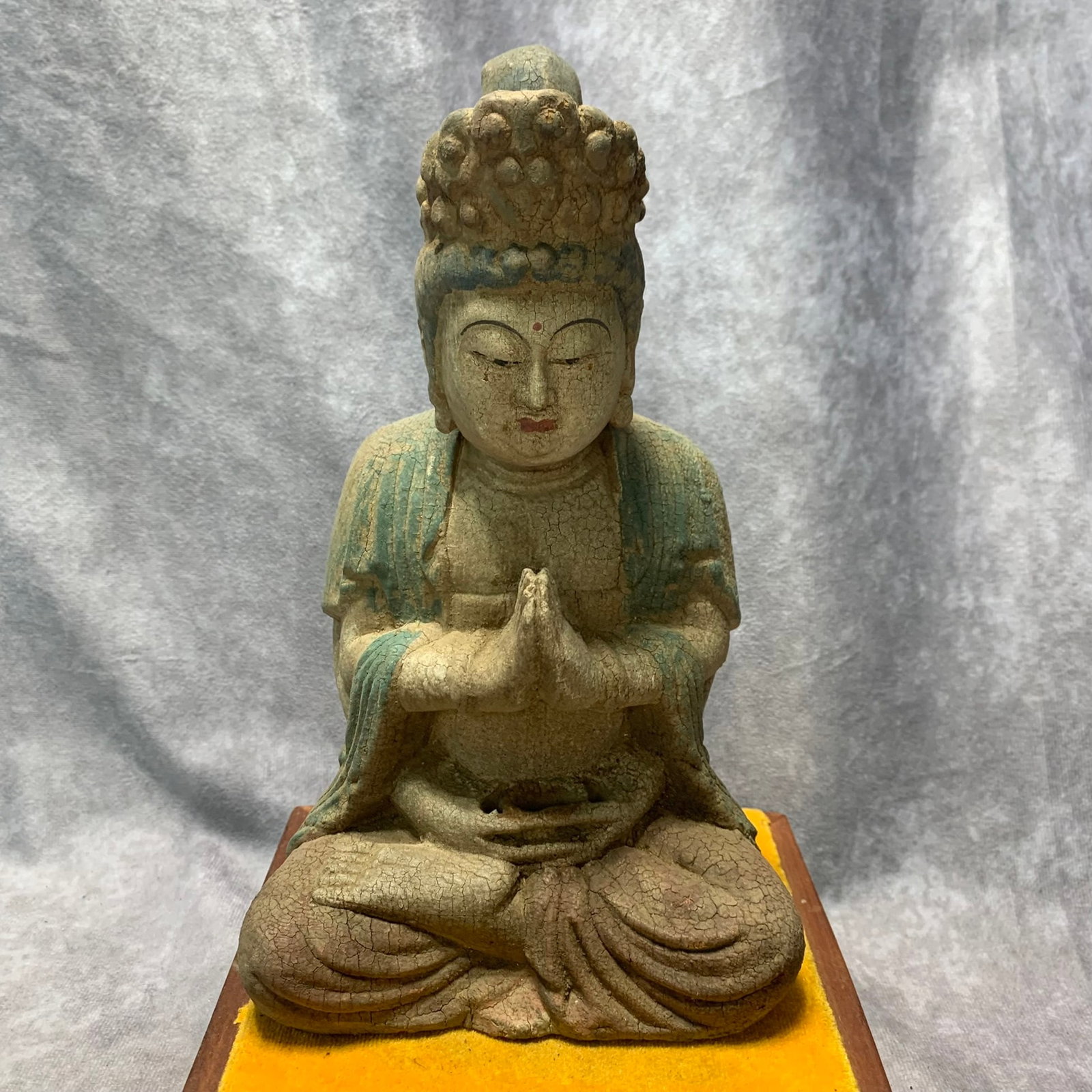 A CAMPHOR WOOD SEATED GUANYIN FIGURE: Republic Period; Long: 5.4 inch; Width: 4.4 inch; H; 8.8 inch; Woodbase for picture and display only