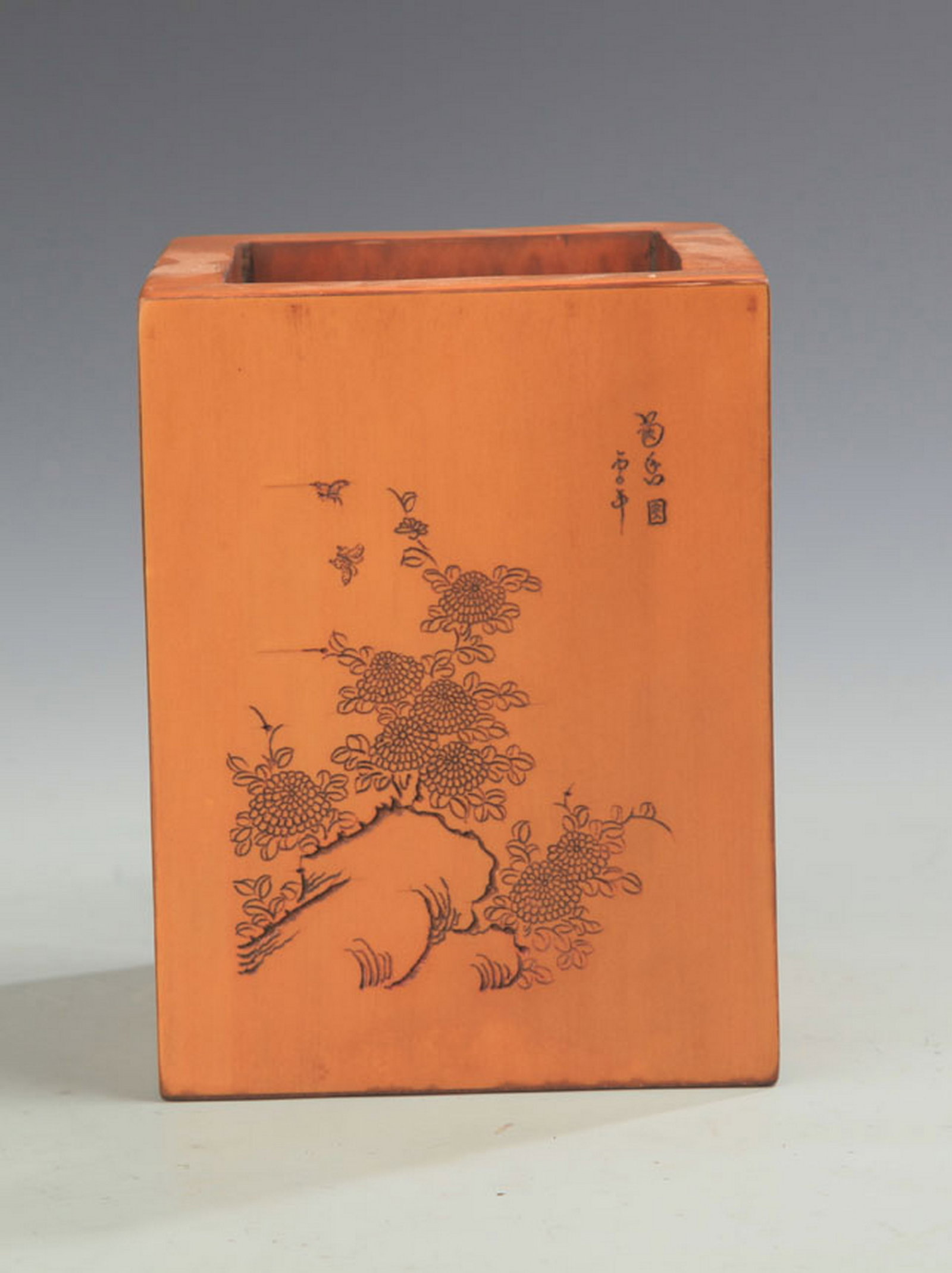 A BAMBOO VENEER BRUSH POT CARVED WITH THE “FOUR GENTLEMEN?? (PLUM, ORCHID, BAMBOO AND (1 of 6)