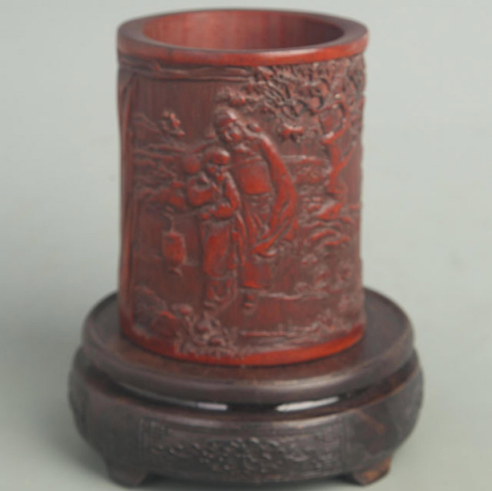 A FINE BAMBOO CALLIGRAPHY PEN HOLDER: 19th Century; High: 4.25 inch; Width: 3.75 inch; Woodbase for picture and display only