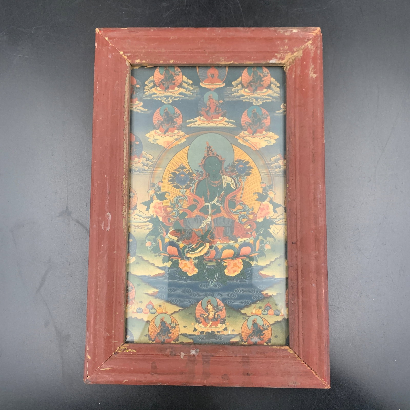 A FINE TIBETIAN THANGKA IN VINTAGE WOODEN FRAME: 19th Century; Long: 11.3 inch; Width:7.4 inch; Heigh: 0.8 inch; Woodbase for picture and display only